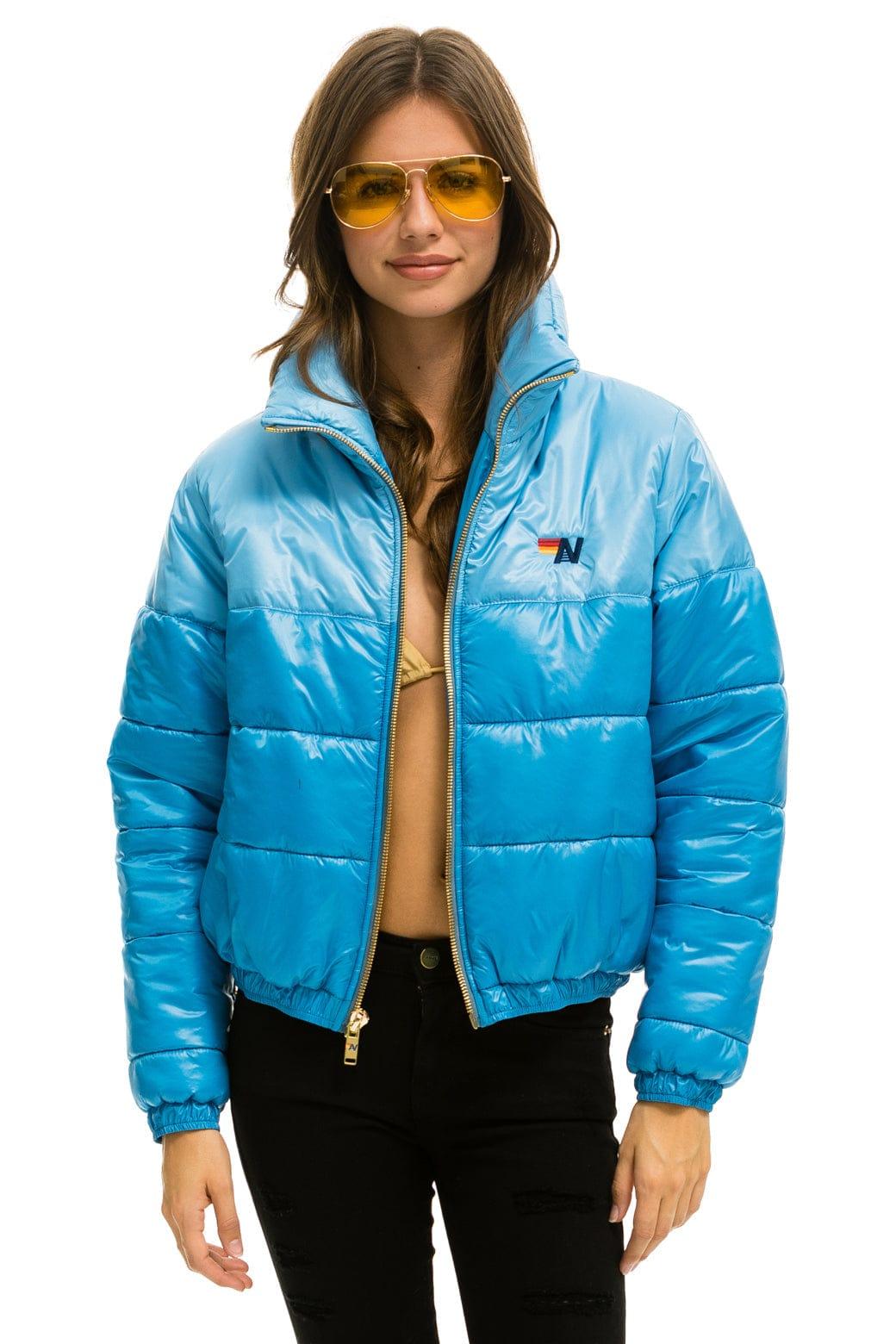 COLOR BLOCK HALF AND HALF APRES PUFFER JACKET - SKY GLOSSY Female Product Image