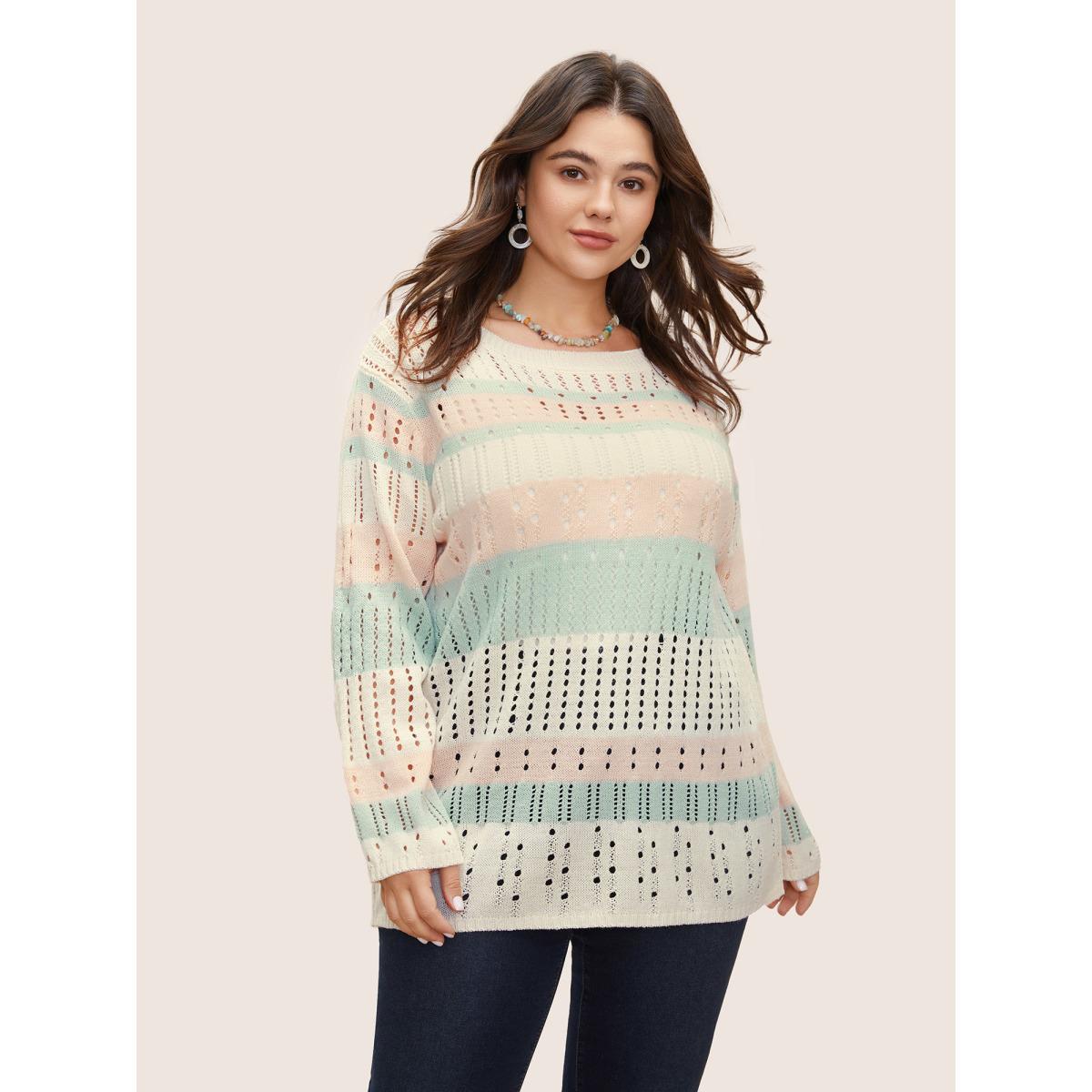 Plus Size Colorblock Contrast Cut Out Texture Pullover Ivory Women Casual Long Sleeve Round Neck Everyday Pullovers BloomChic 12/L Product Image