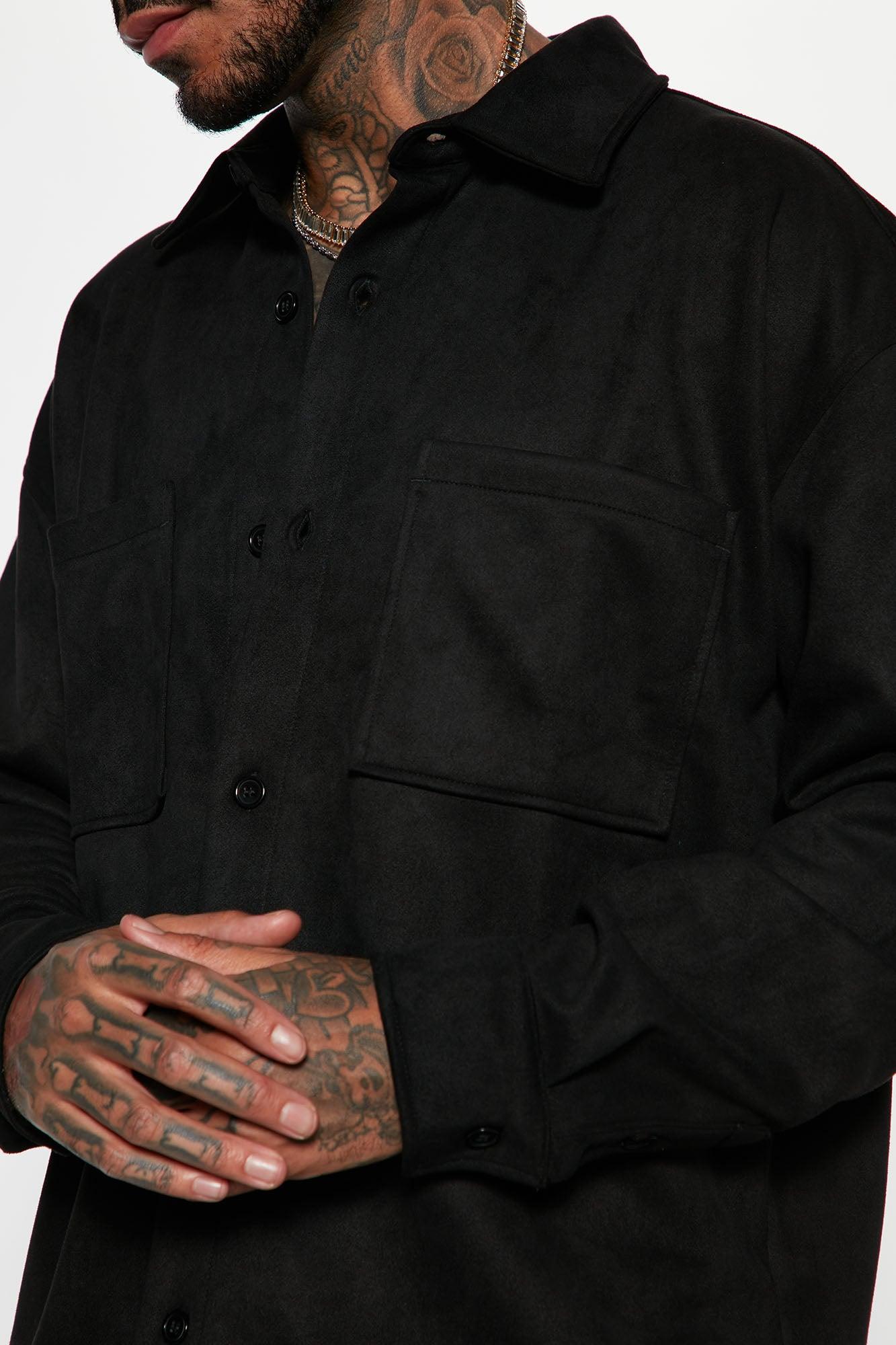 Dre Faux Suede Long Sleeve Button Up Shirt - Black Product Image