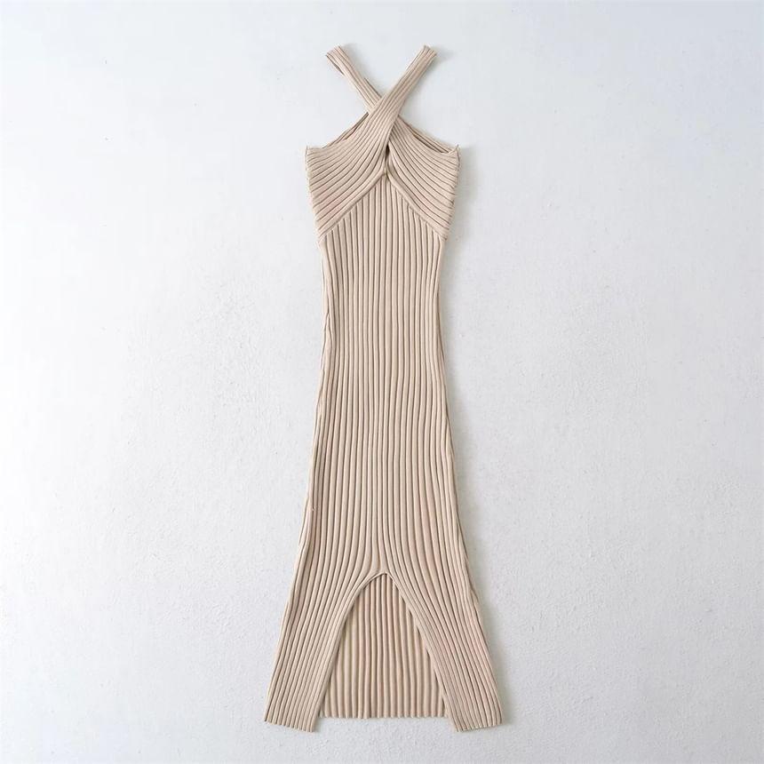 Halter Plain Ribbed Knit Maxi Sheath Dress Product Image