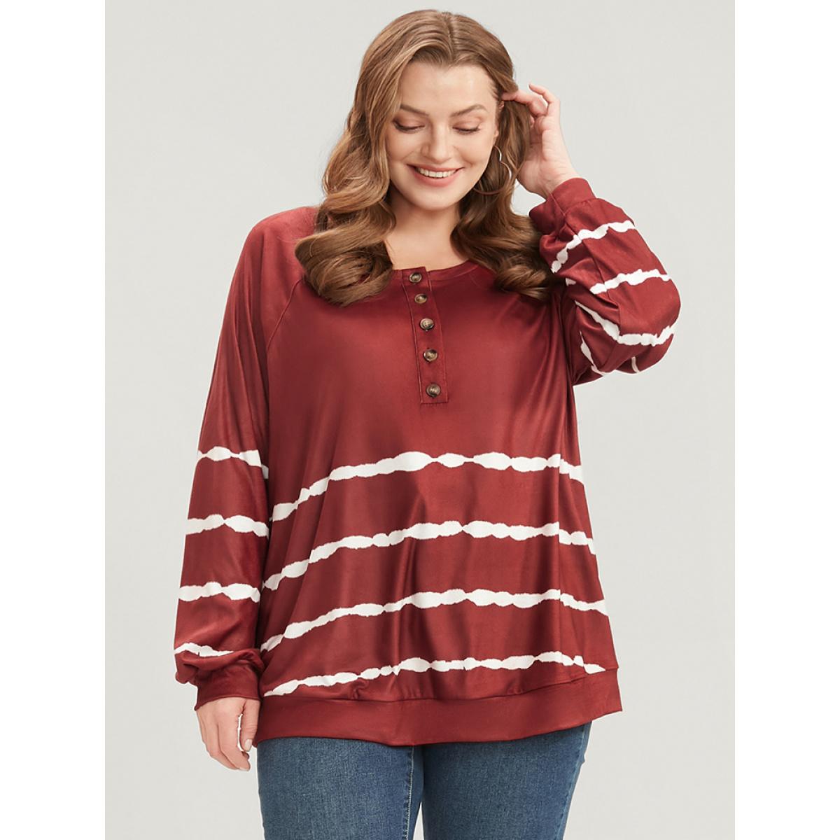 Plus Size Striped Print Round Neck Button Up Sweatshirt Women Scarlet Casual Tie Dye Round Neck Dailywear Sweatshirts BloomChic 12/L Product Image