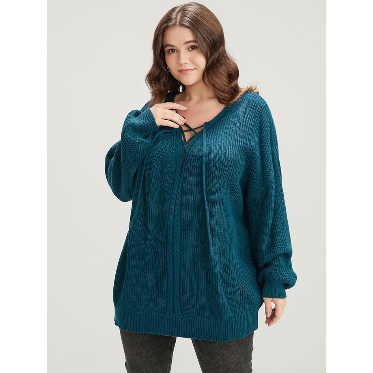 Plus Size Solid Pointelle Knit Lace Up Deep V Neck Knit Top Aegean Women Elegant Loose Long Sleeve Deep V-neck Dailywear Pullovers BloomChic 22-24/3X Product Image