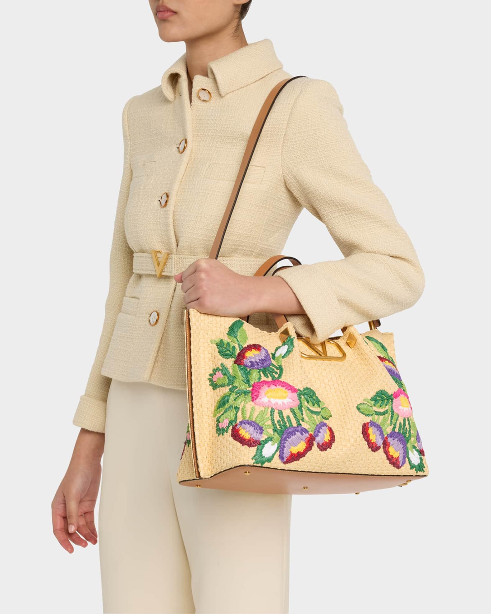 Floral Embroidered Raffia Medium Shopping Tote Bag Product Image