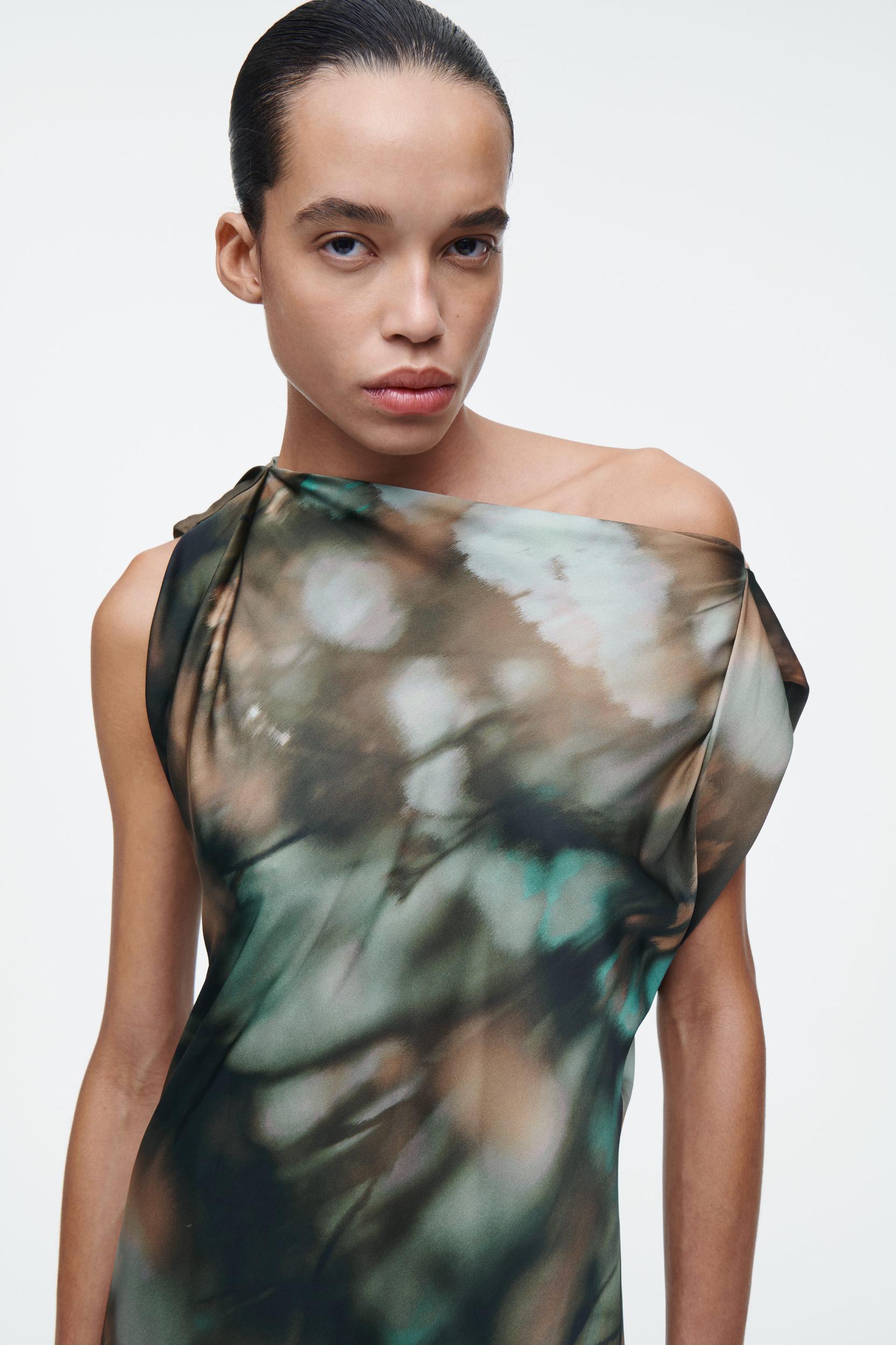 PRINTED DRAPED SILK DRESS Product Image
