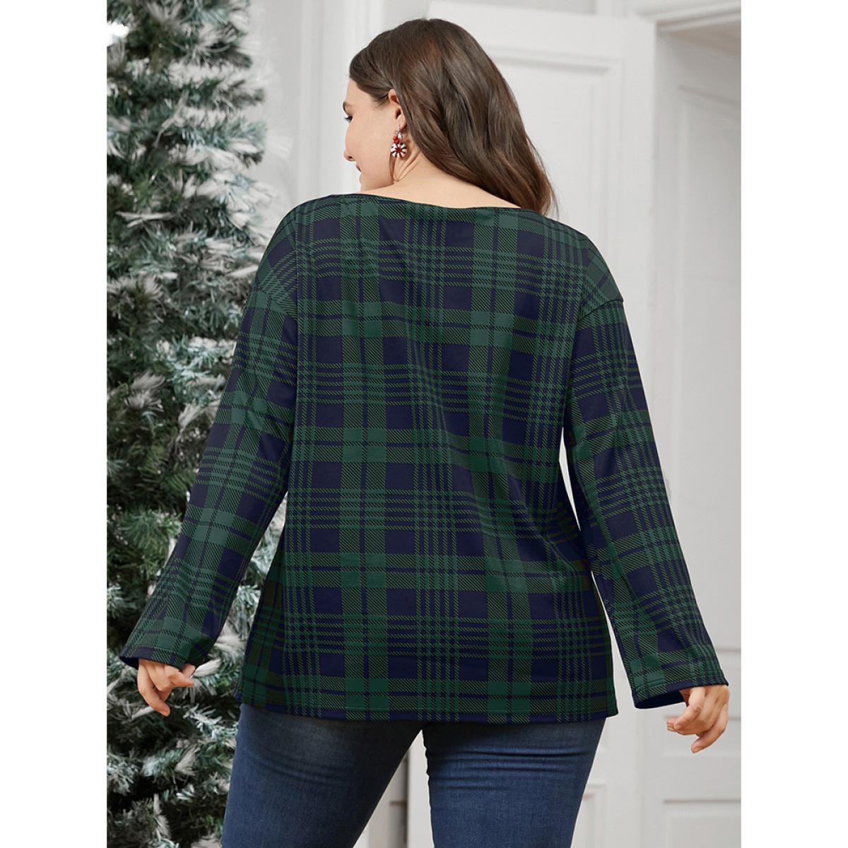 Plus Size Plaid Round Neck Bell Sleeve Sweatshirt Women DarkBlue Elegant Round Neck Dailywear Sweatshirts BloomChic 22-24/3X Product Image