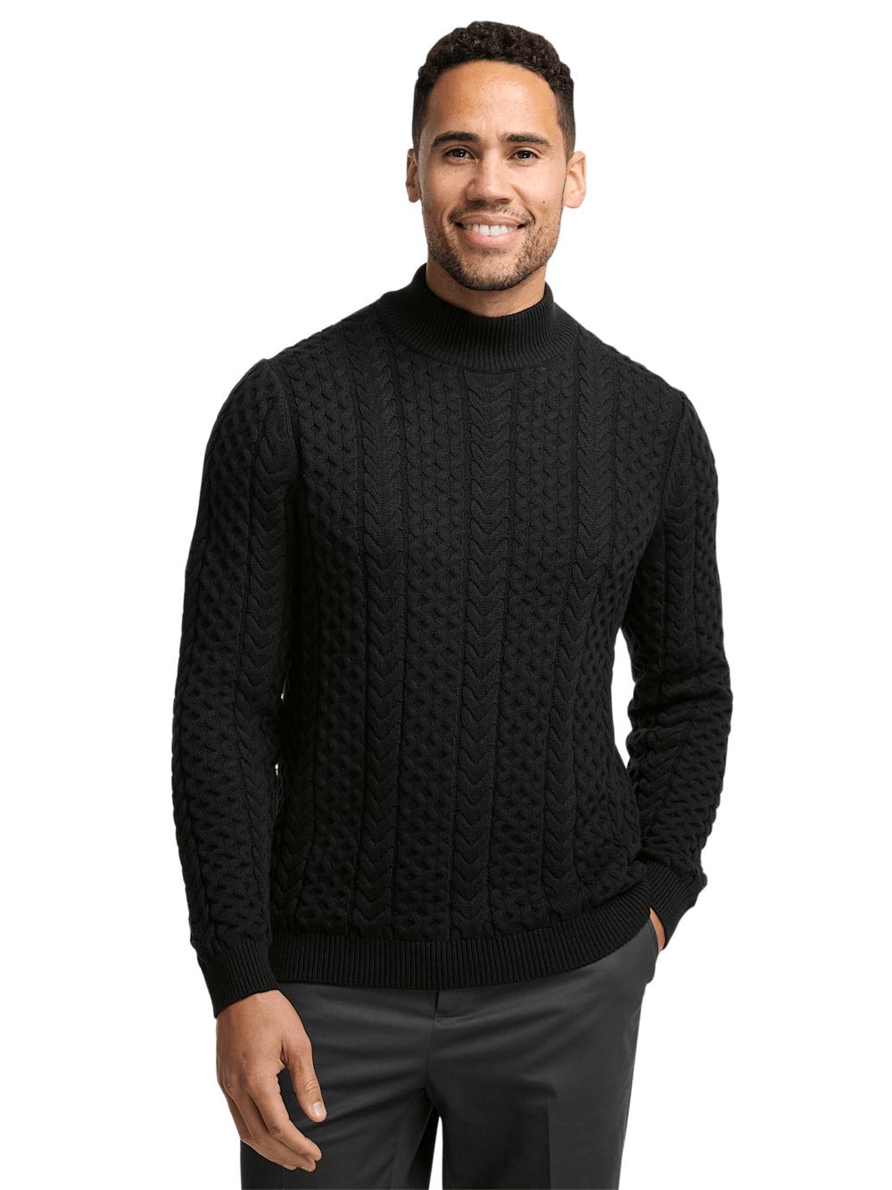 Cotton Cable Mock Neck Sweater - Black Product Image