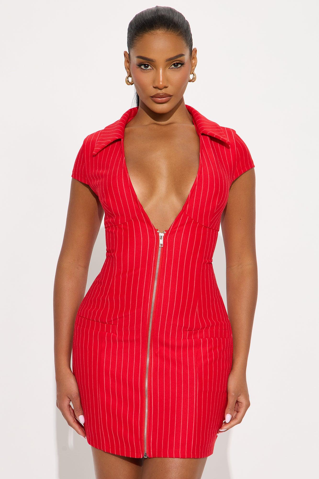 Avery Collar Pinstripe Mini Dress - Red Female Product Image