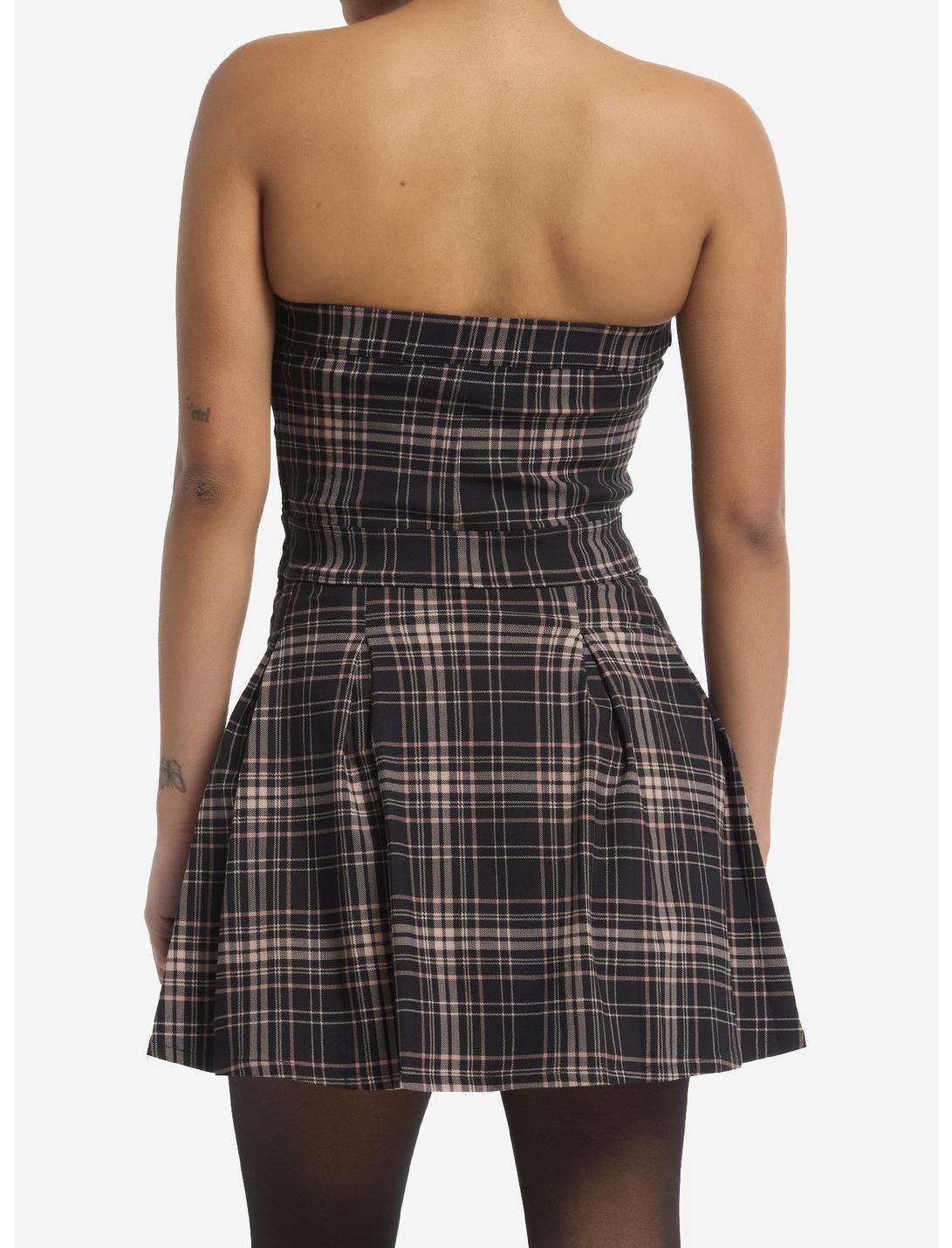 Black & Brown Plaid Buckle Strapless Mini Dress Product Image