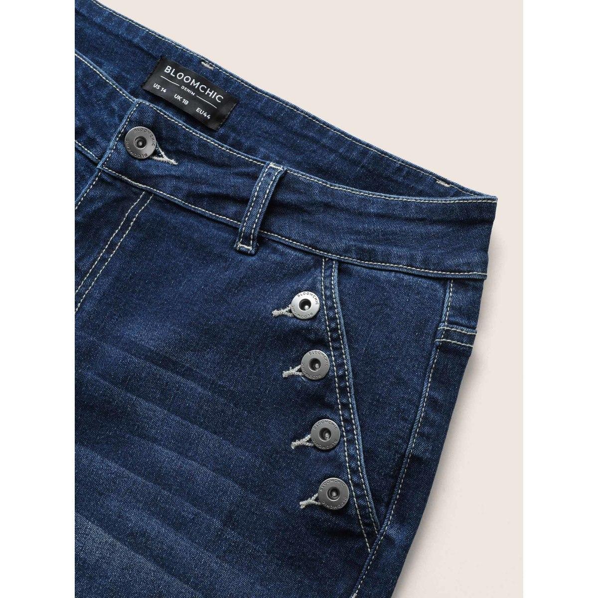 Plus Size Dark Wash Button Detail Roll Hem Denim Shorts Women Indigo Non High stretch Everyday Slanted pocket Elegant Denim Shorts BloomChic 16/1X Product Image