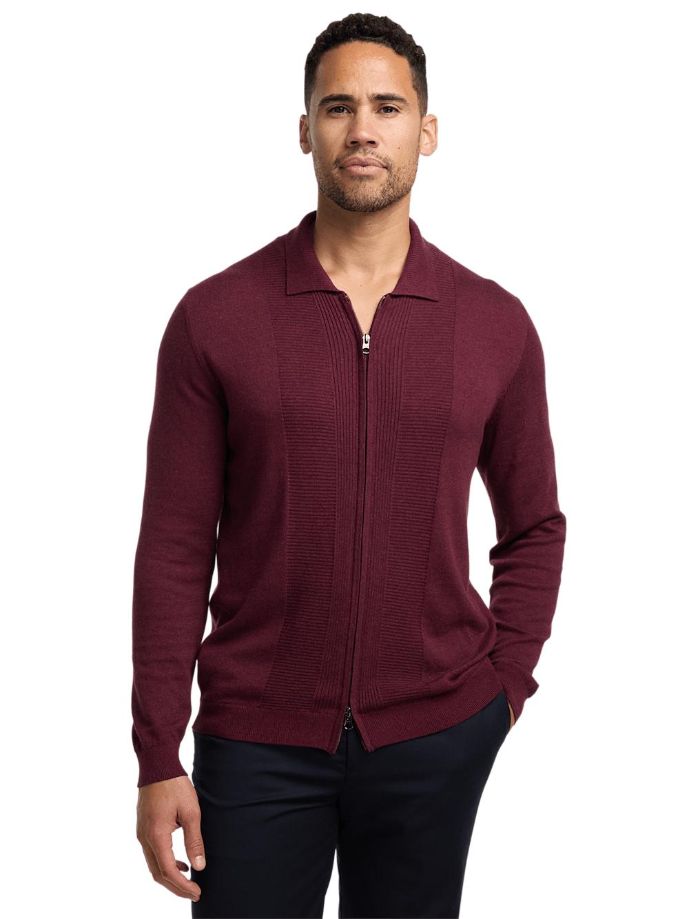 Silk Cotton Cashmere Full Zip Polo - Wine Product Image