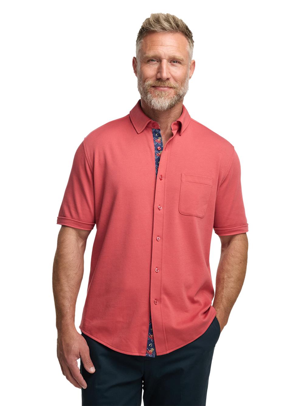 Cotton Full Button Front Polo - Coral Product Image