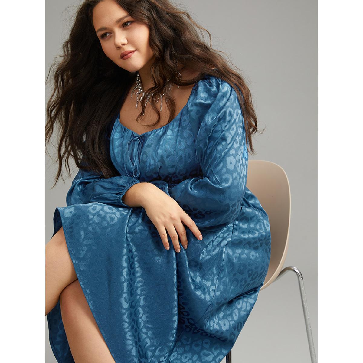 Plus Size Leopard Print Square Neck Shirred Gathered Dress Aegean Women Party Elastic cuffs Square Neck Long Sleeve Curvy Midi Dress BloomChic 22-24/3X Product Image