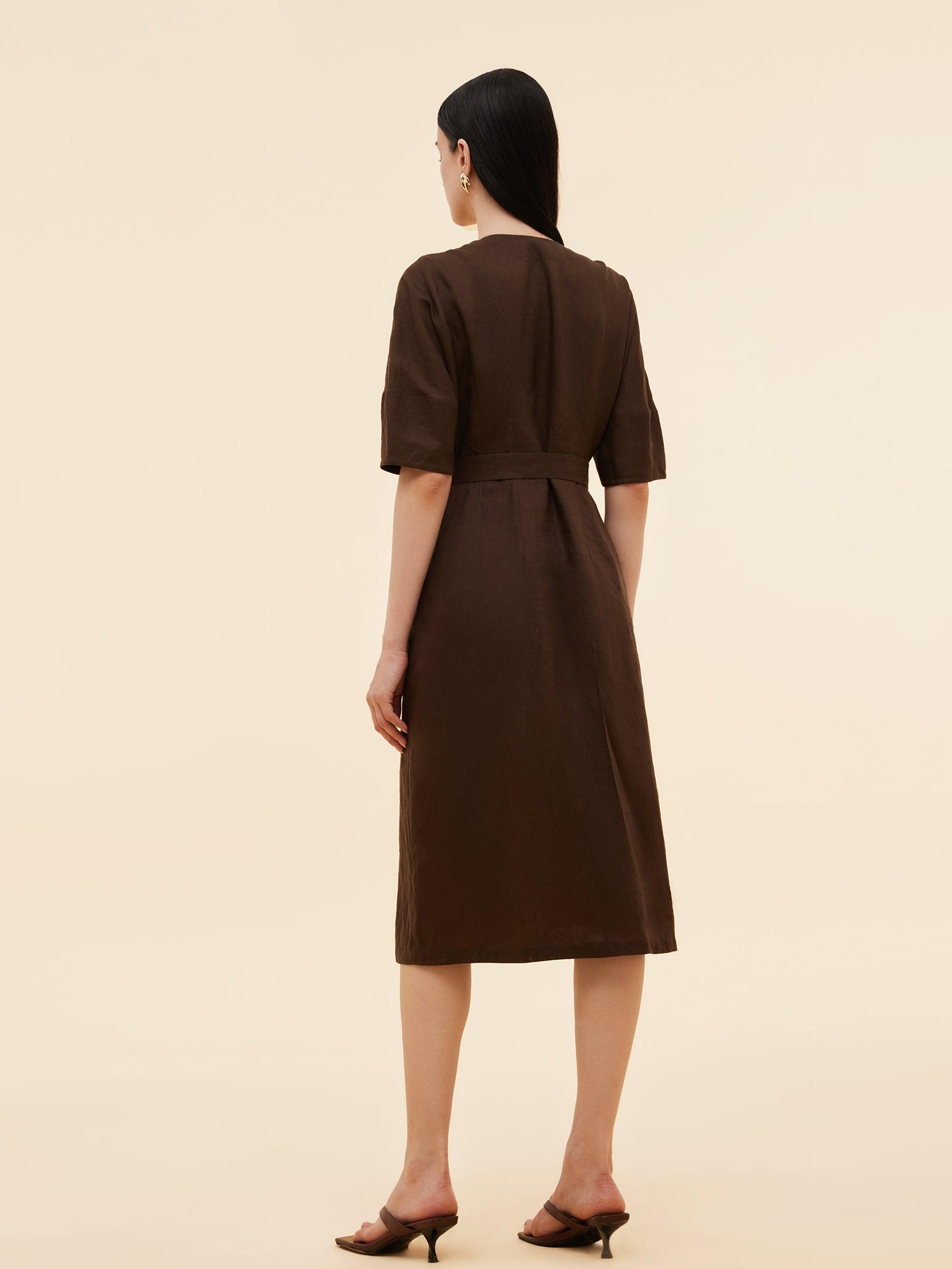 100% Linen Women V-Neck Midi Dress With Belt Product Image