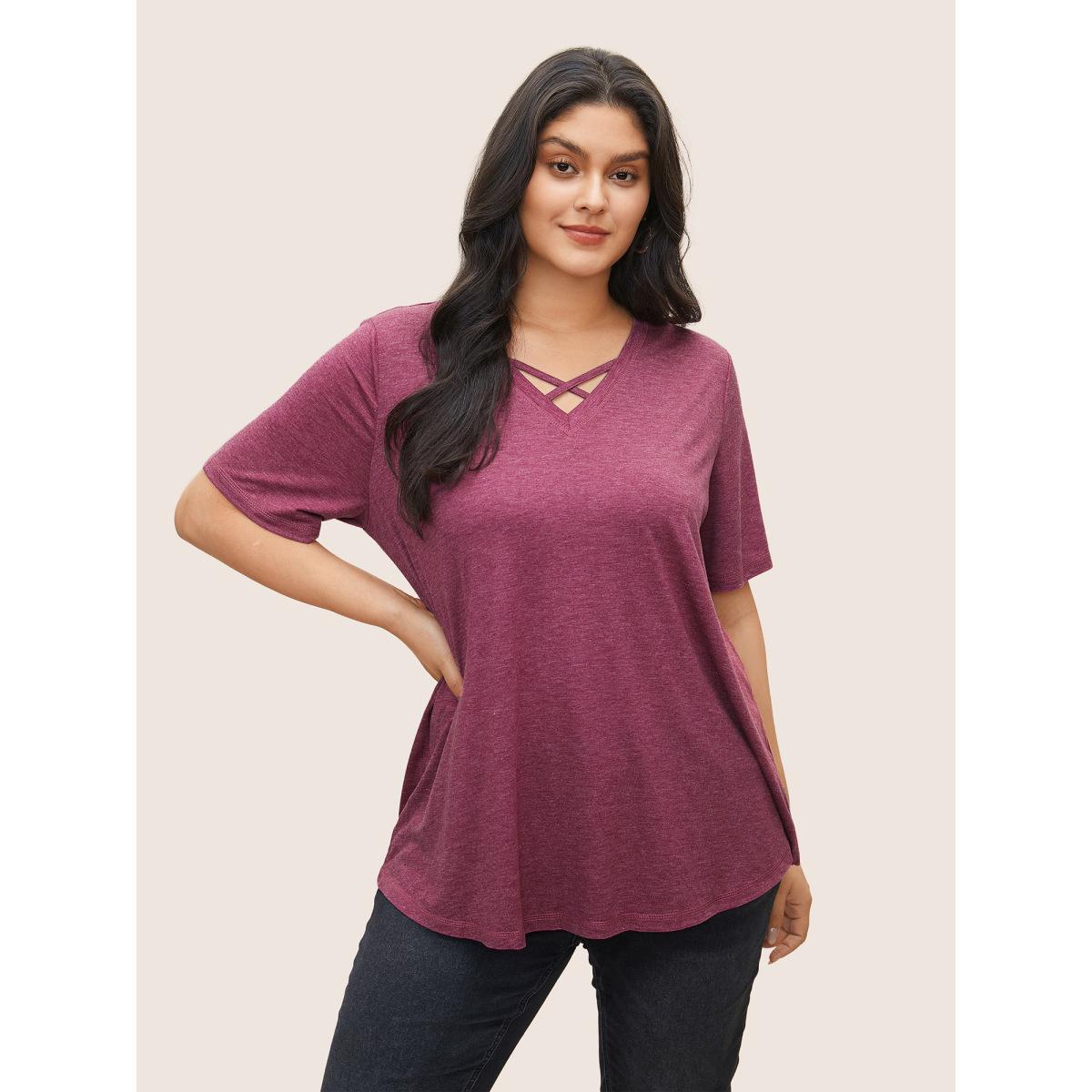 Plus Size Solid Crisscross Neck Contrast Stitch T-shirt RedViolet Women Leisure Plain V-neck Casual T-shirts BloomChic 22-24/3X Product Image