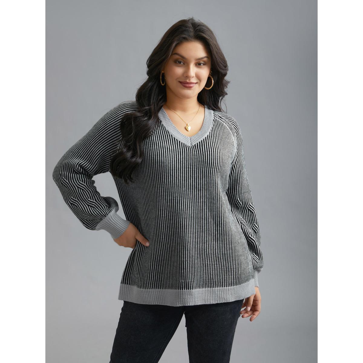 Plus Size Cable Knit V-Neck Raglan Sleeve Pullover LightGray Women Leisure Loose Long Sleeve V-neck Casual Pullovers BloomChic 22-24/3X Product Image