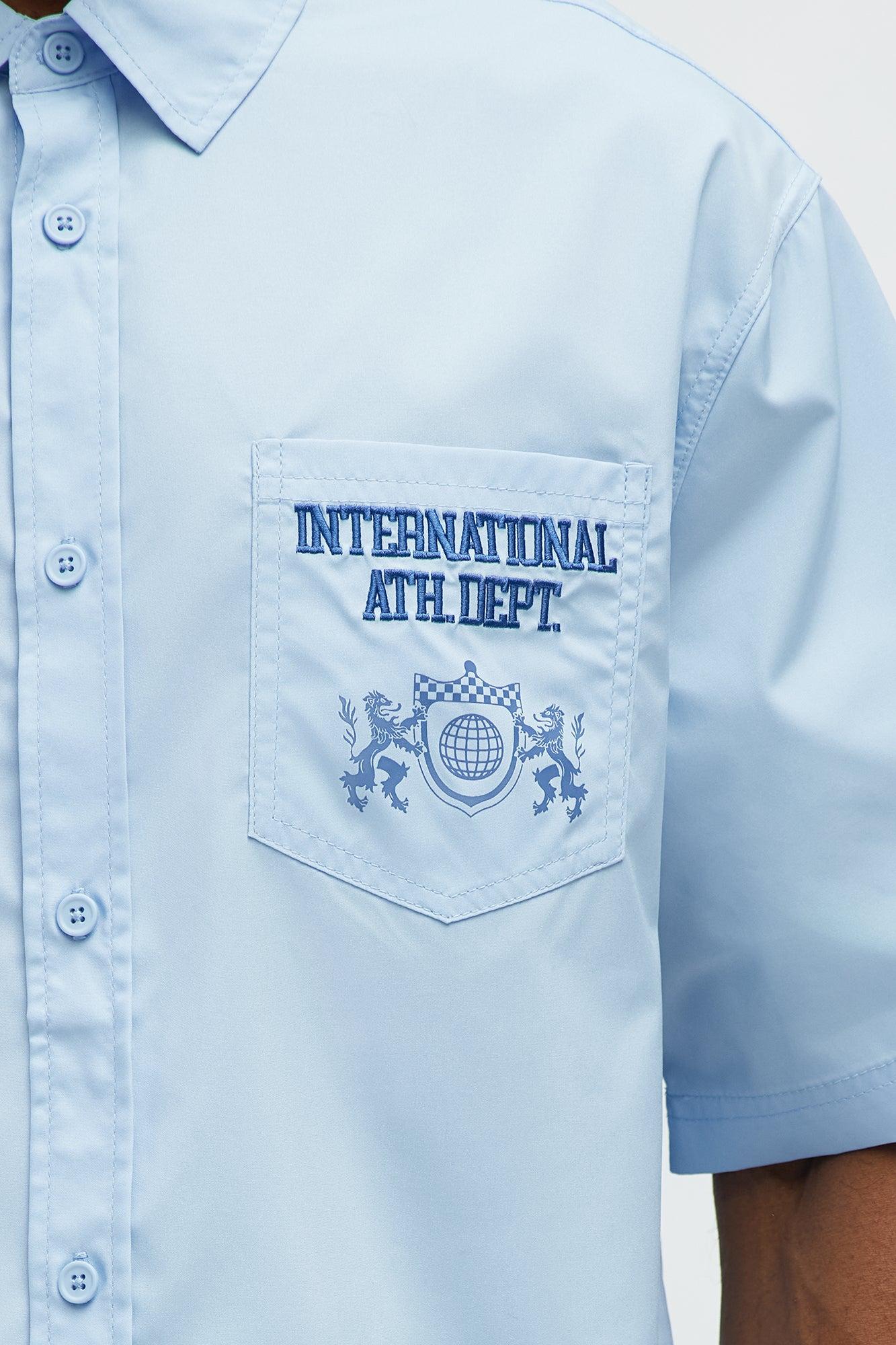 Cropped Athletic Dept. Short Sleeve Button Up Shirt - Blue Male Product Image