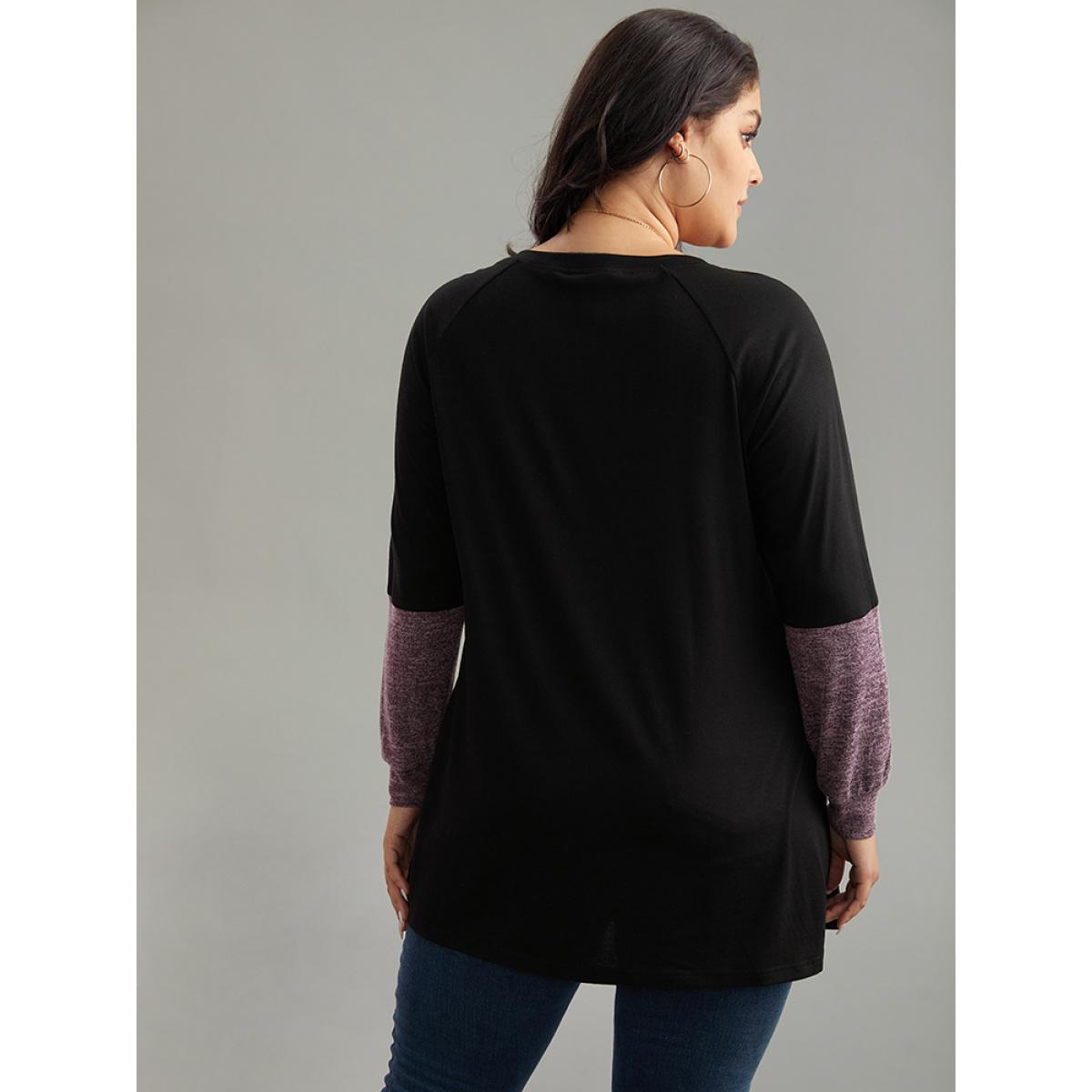 Plus Size Two Tone Patchwork Heather Arc Hem T-shirt Black Women Casual Contrast Plain Round Neck Dailywear T-shirts BloomChic 28/5X Product Image