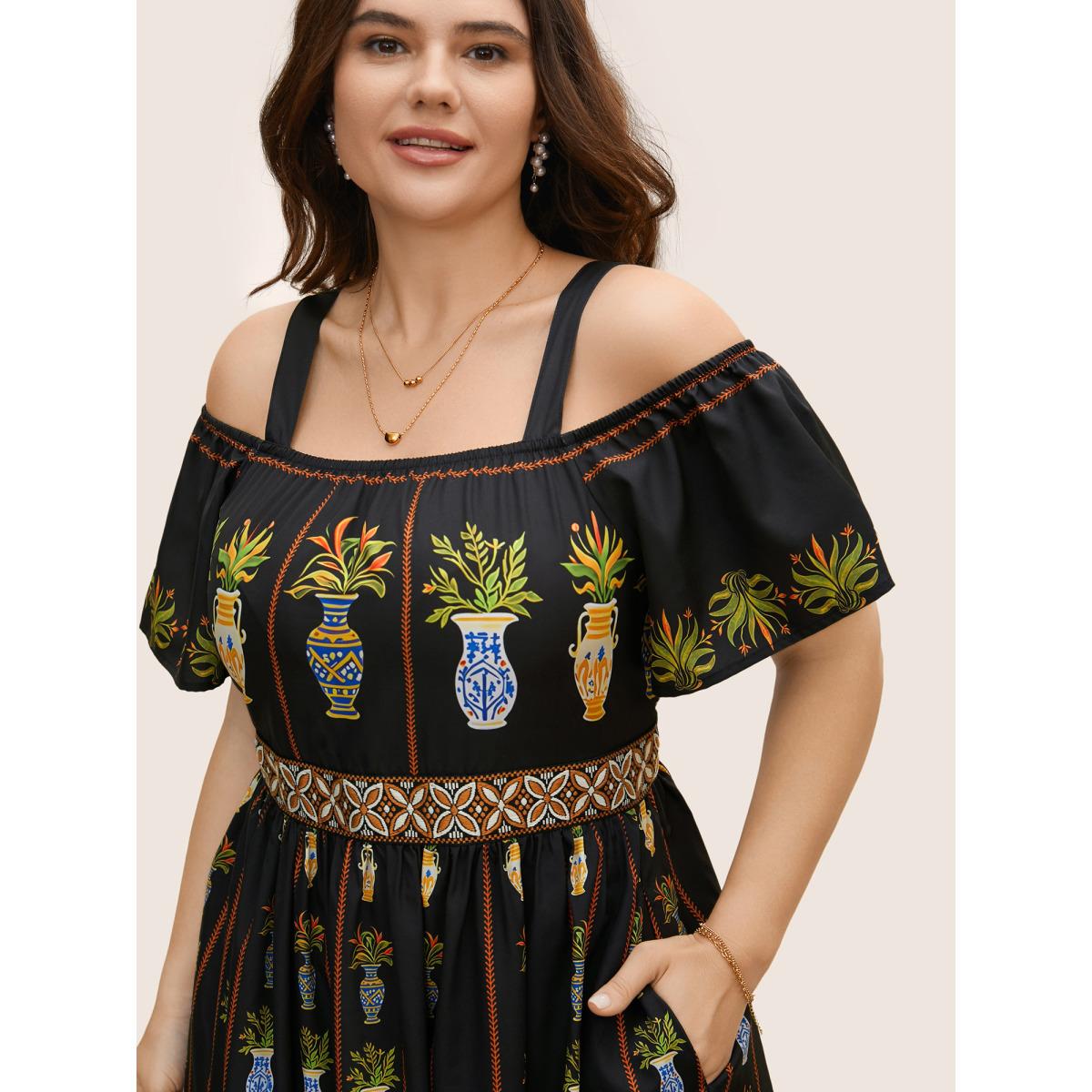 Plus Size Boho Print Off Shoulder Woven Ribbon Dress Black Women Elegant Woven ribbon&lace trim One-shoulder neck Short sleeve Curvy BloomChic 12/L Product Image