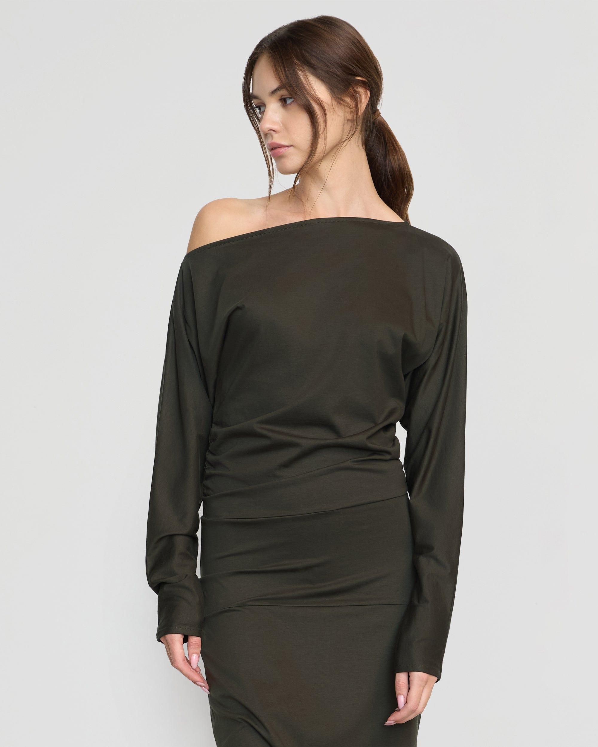 Kezia Off-Shoulder Satin Jersey Dress Product Image