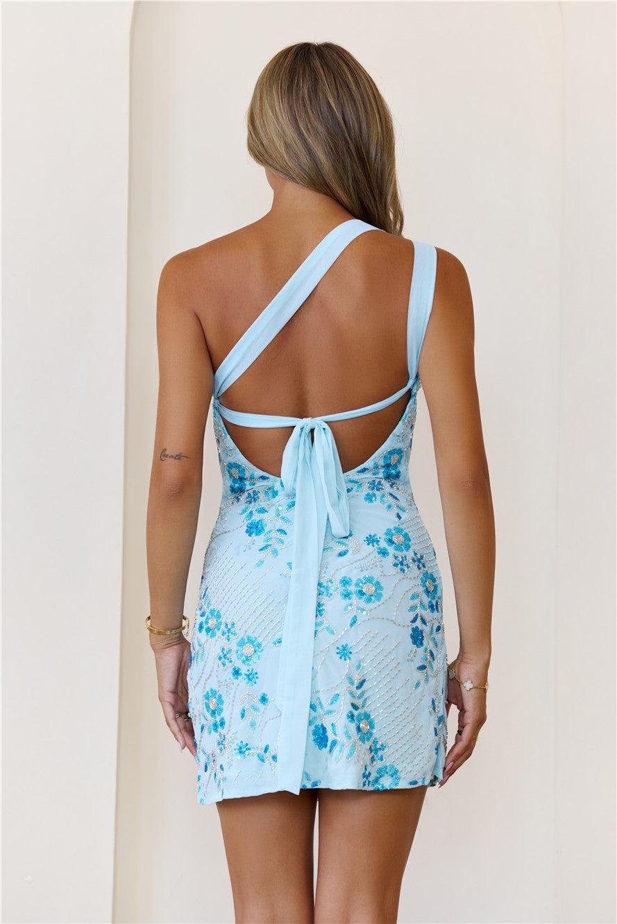 Petal Shores One Shoulder Mini Dress Blue Product Image