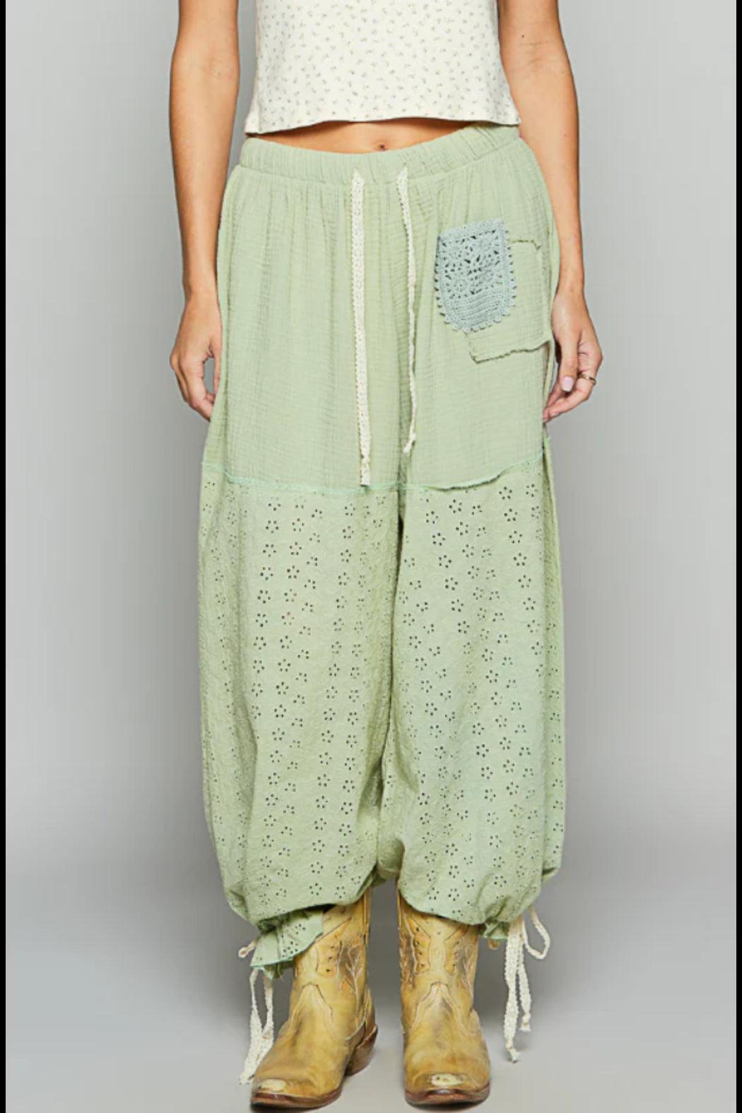 POL Pistachio Double Gauze Contrast Eyelet Fabric Panel Drawstring Waist Pants Product Image