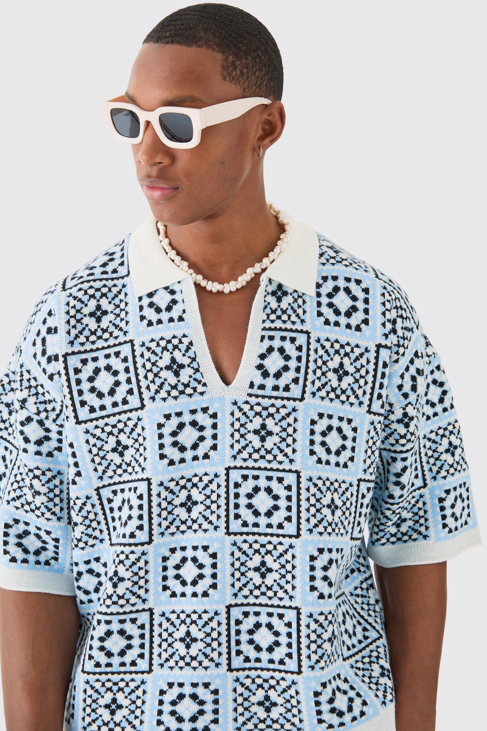 Oversized Boxy Crochet Knitted Polo | boohooMAN USA Product Image
