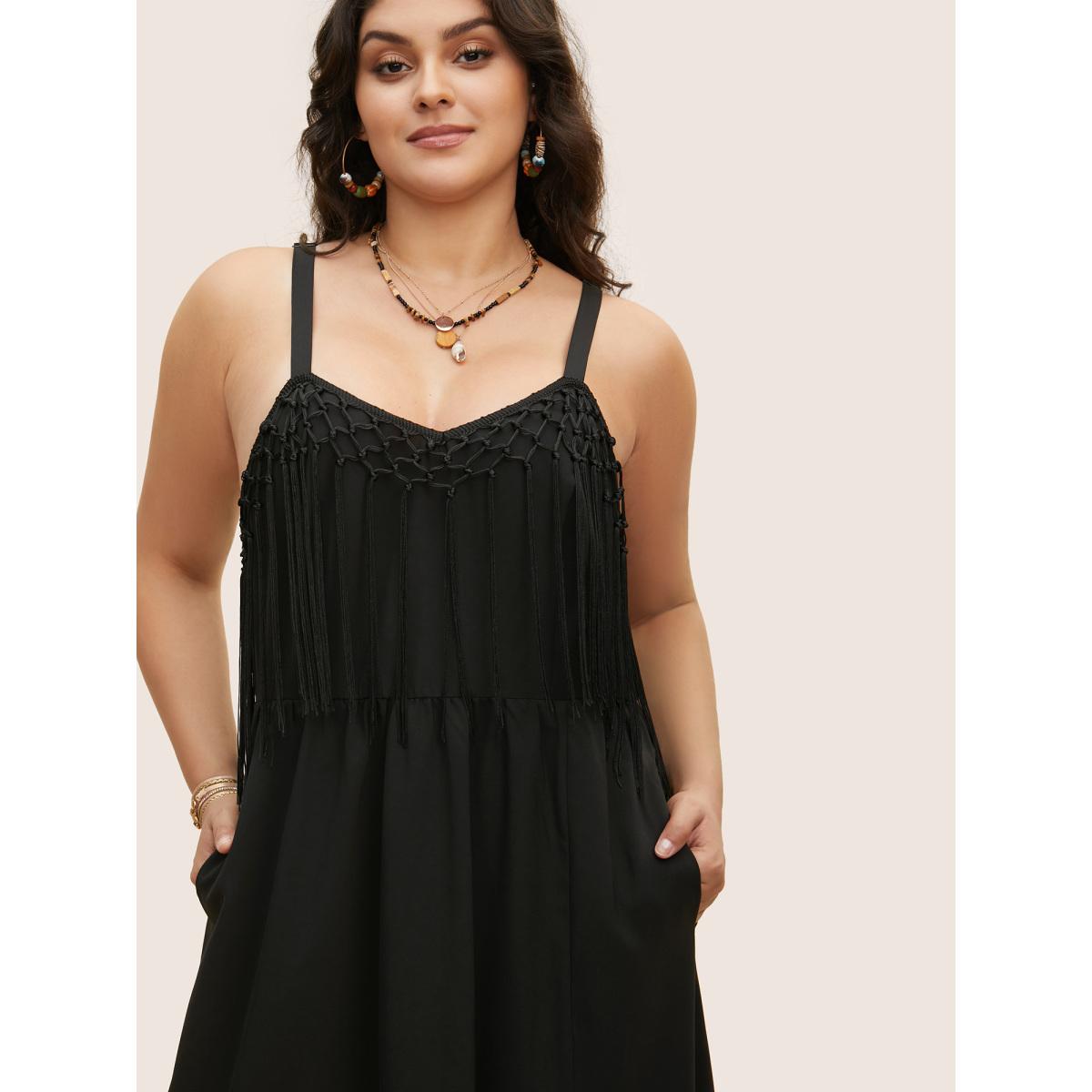 Plus Size Solid Tassel Trim Split Hem Cami Dress Black Women Resort Wraparound straps V-neck Sleeveless Curvy BloomChic 26/4X Product Image