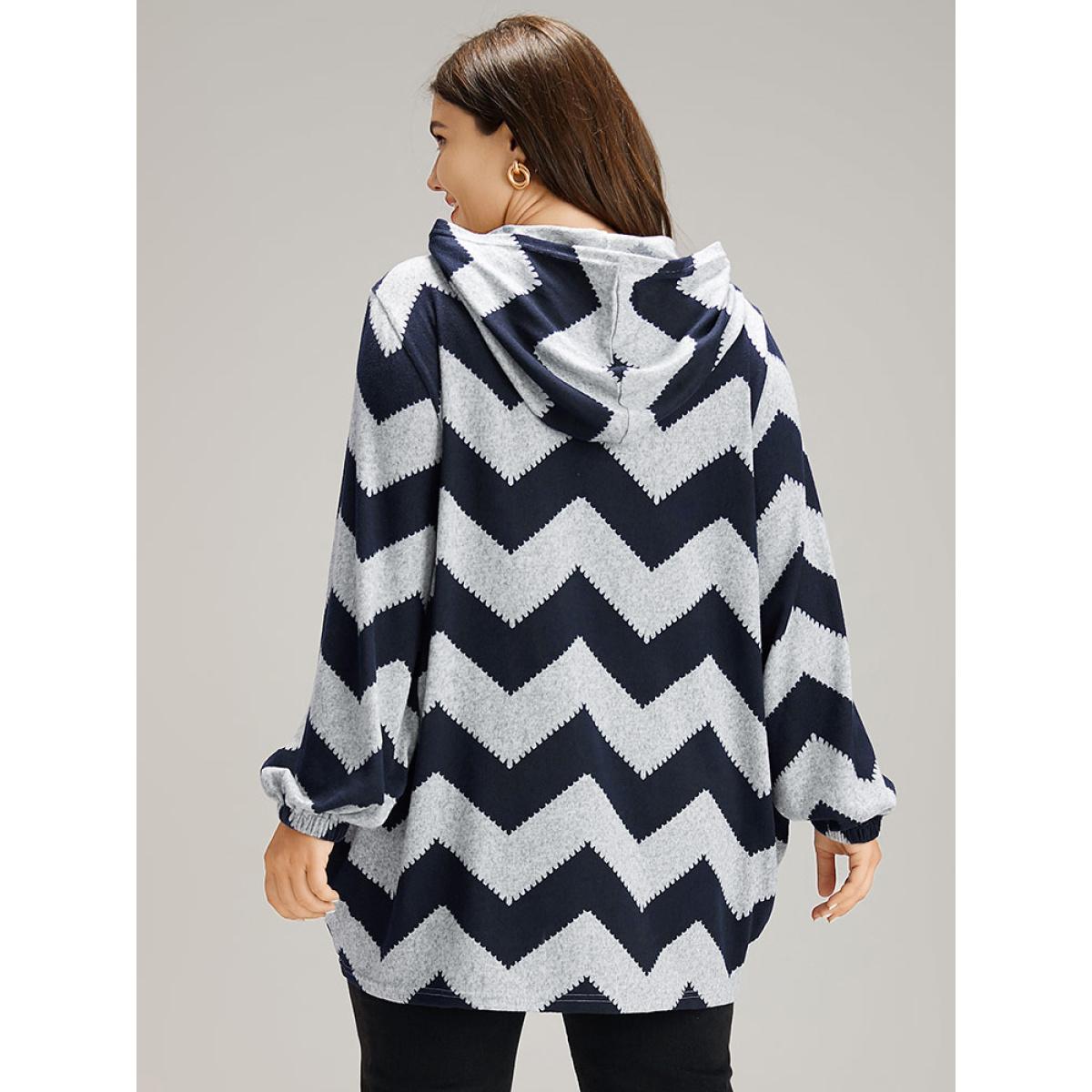 Plus Size Geo Striped Hooded Elastic Cuffs T-shirt Navy Women Casual Elastic cuffs Geometric Hooded Dailywear T-shirts BloomChic 30/6X Product Image