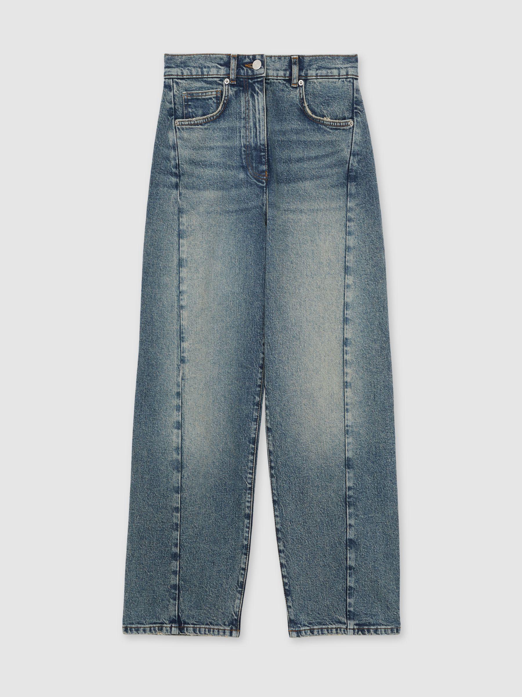 Petite Barrel-Leg Seam Jeans in Mid Blue Product Image