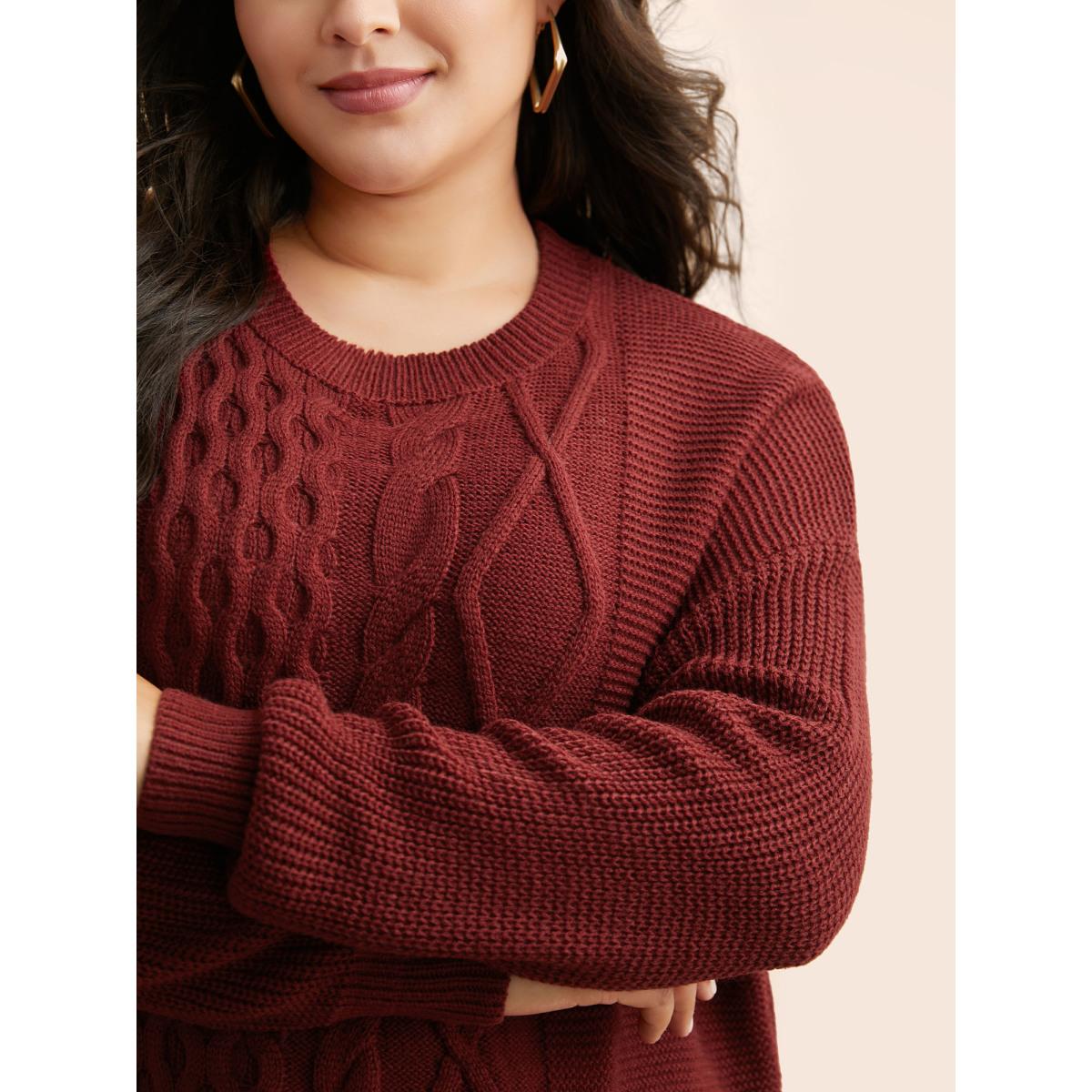 Plus Size Texture Cable Knit Drop Shoulder Pullover Burgundy Women Casual Loose Long Sleeve Round Neck Everyday Pullovers BloomChic 26/4X Product Image