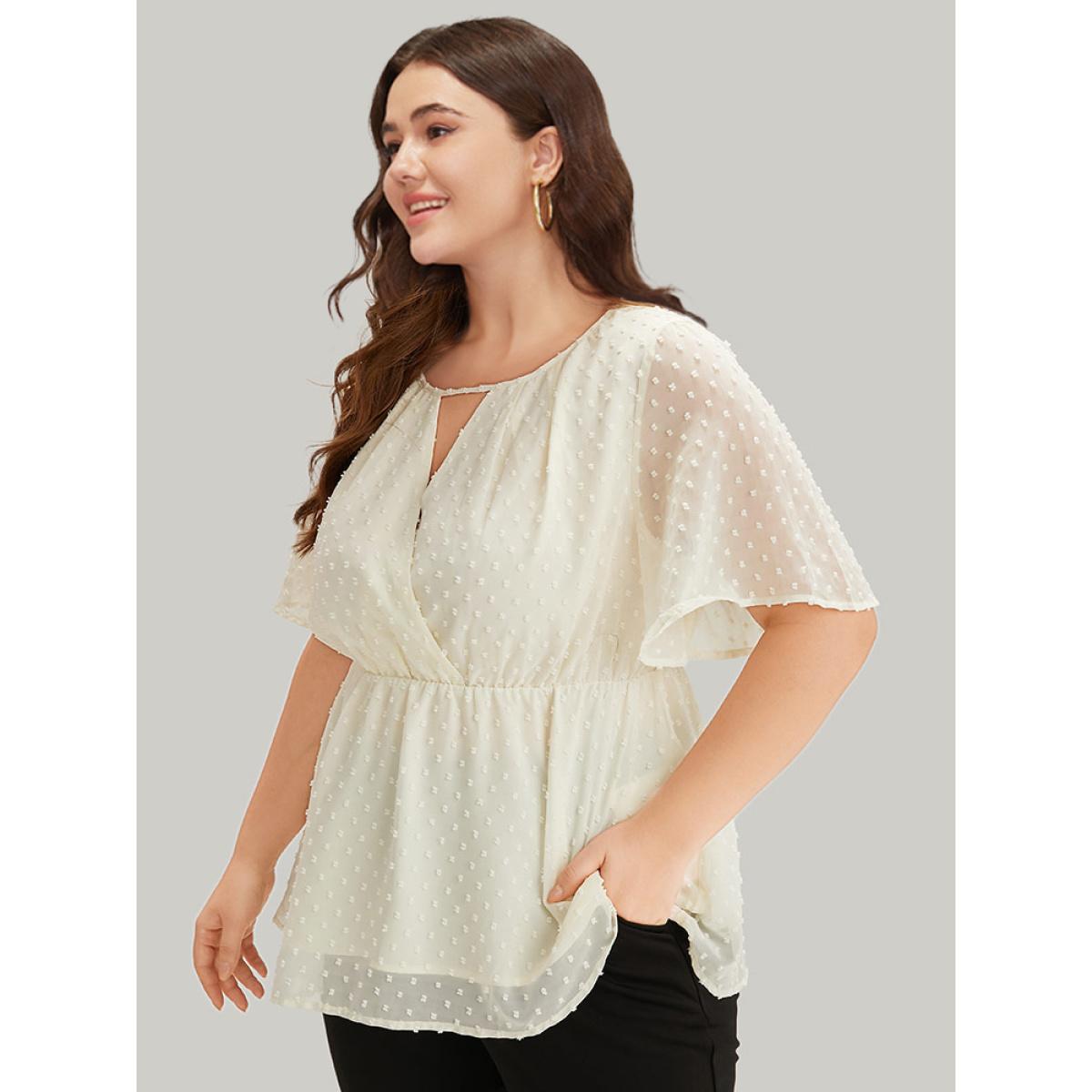 Plus Size Ivory Polka Dot Keyhole Mesh Gathered Flutter Sleeve Blouse Women Office Short sleeve V-neck Work Blouses BloomChic 22-24/3X Product Image