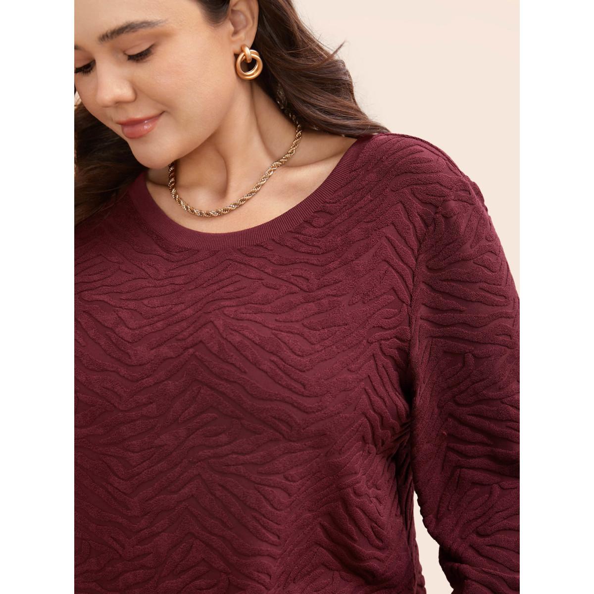 Plus Size Animal Print Textured Crew Neck Sweatshirt Women Burgundy Casual Patchwork Round Neck Everyday Sweatshirts BloomChic 22-24/3X Product Image