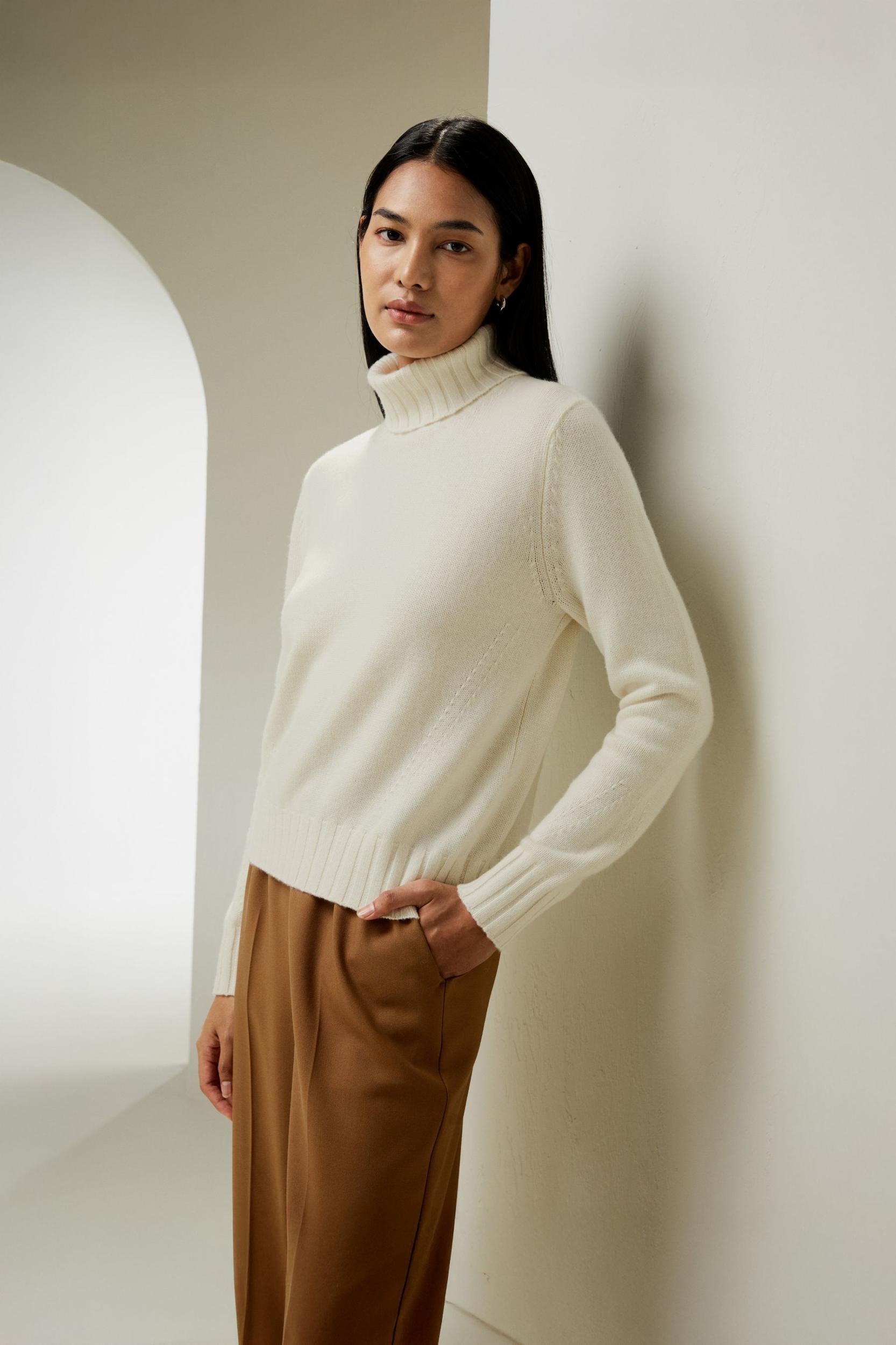 LILYSILK Womens Merino Wool Turtleneck Cashmere Sweater White Wool&Cashmere Luxurious Needlework Design Sweater S Product Image