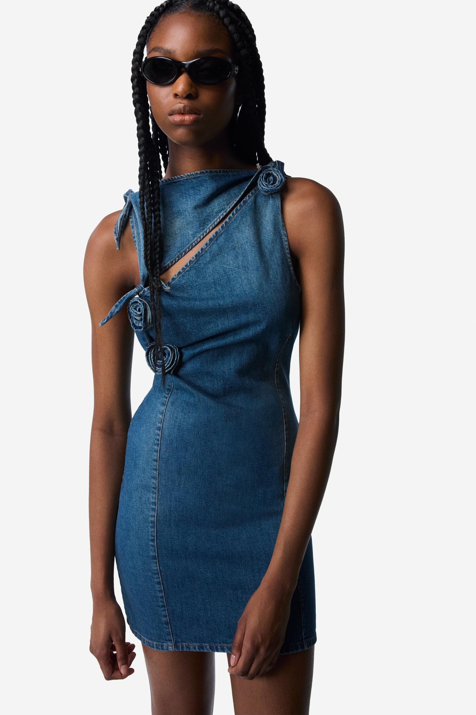 Denim Asymmetric Flower Mini Dress Product Image