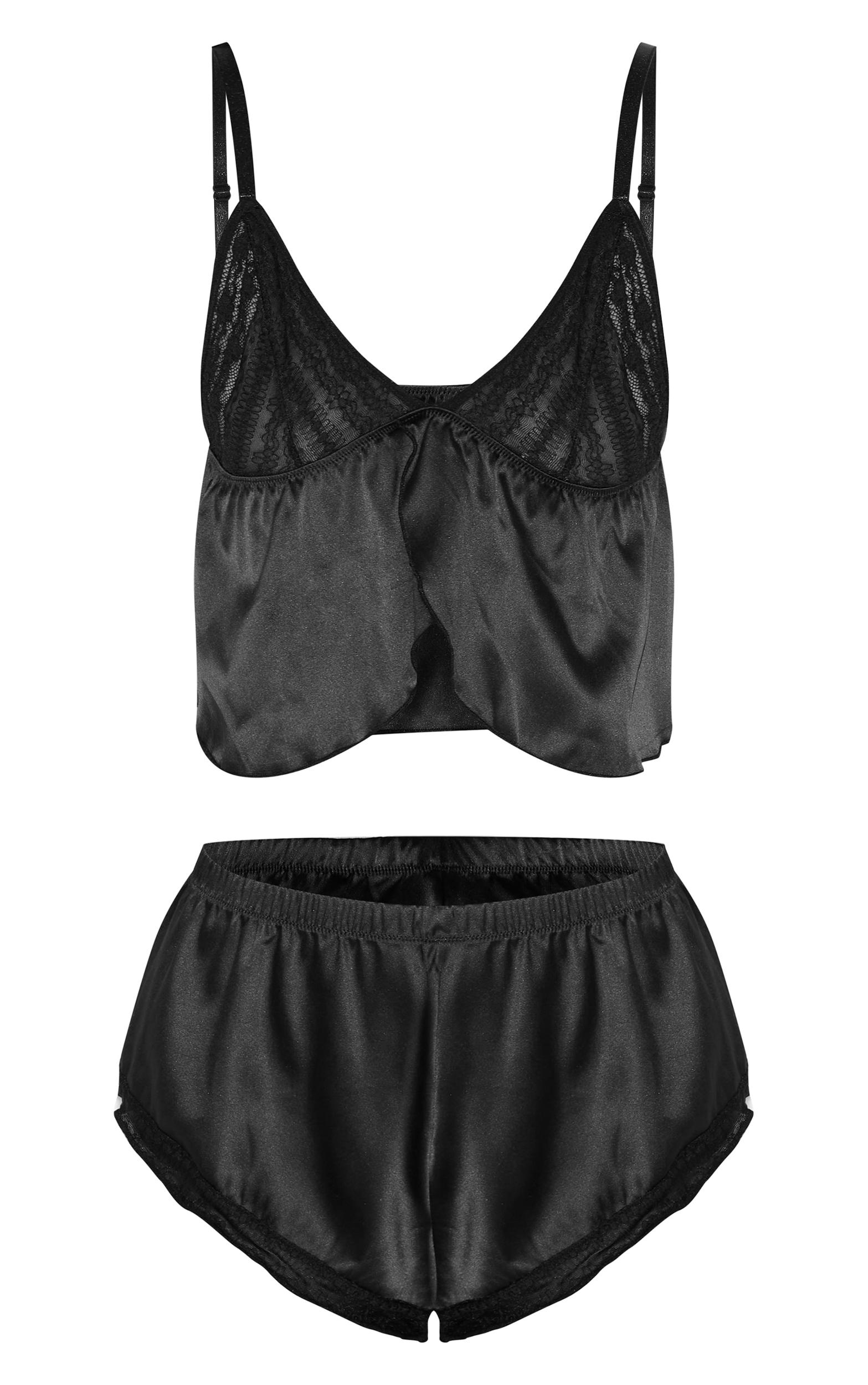 Black Textured Lace Satin Cami Short Pj Set Product Image