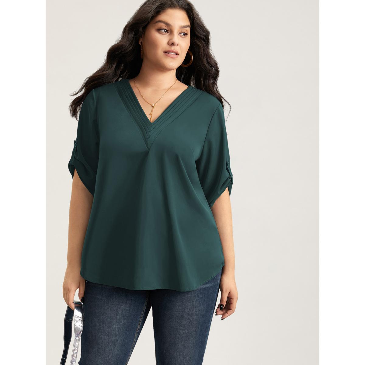 Plus Size Cyan V Neck Plain Pleated Tab Sleeve Blouse Women Office Elbow-length sleeve V-neck Office Blouses BloomChic 12/L Product Image