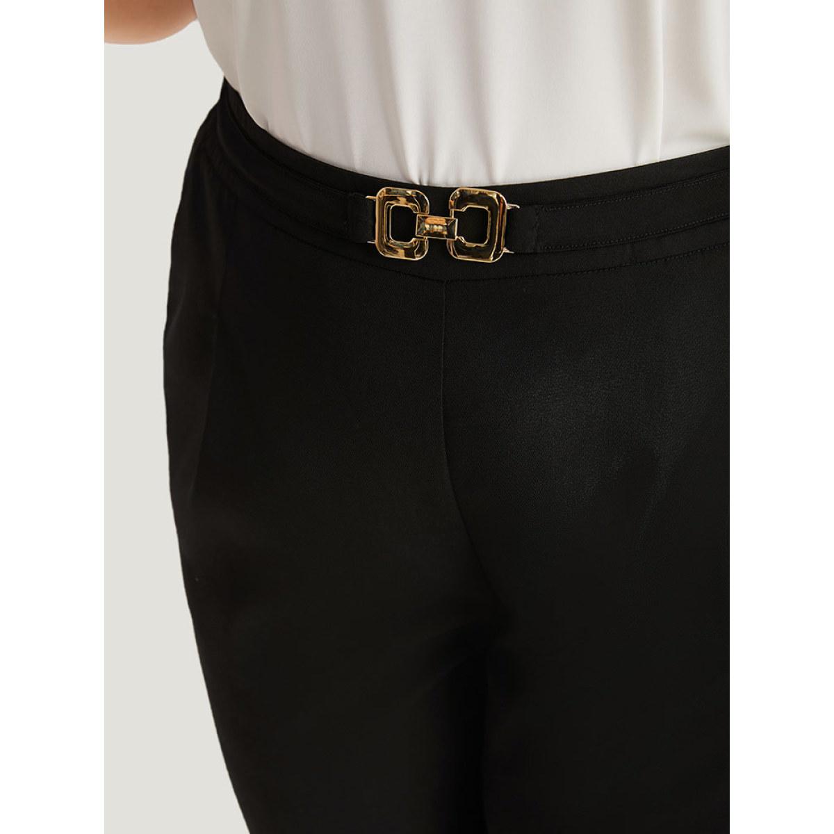 Plus Size Solid Metal Detail High Rise Straight Leg Pants Women Black Office Bodycon High Rise Office Pants BloomChic 26/4X Product Image