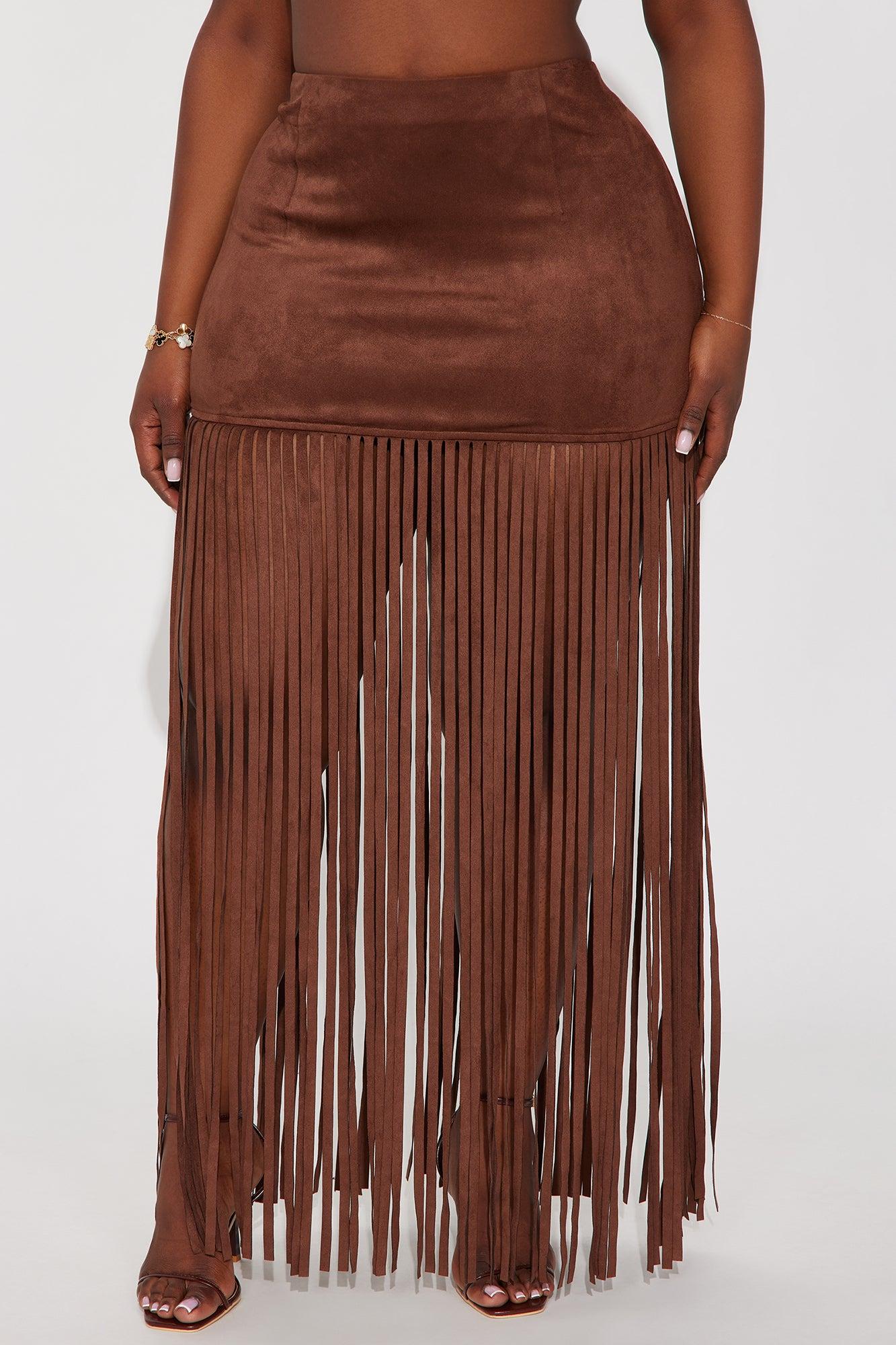 On The Fringe Faux Suede Maxi Skirt - Brown Female Product Image