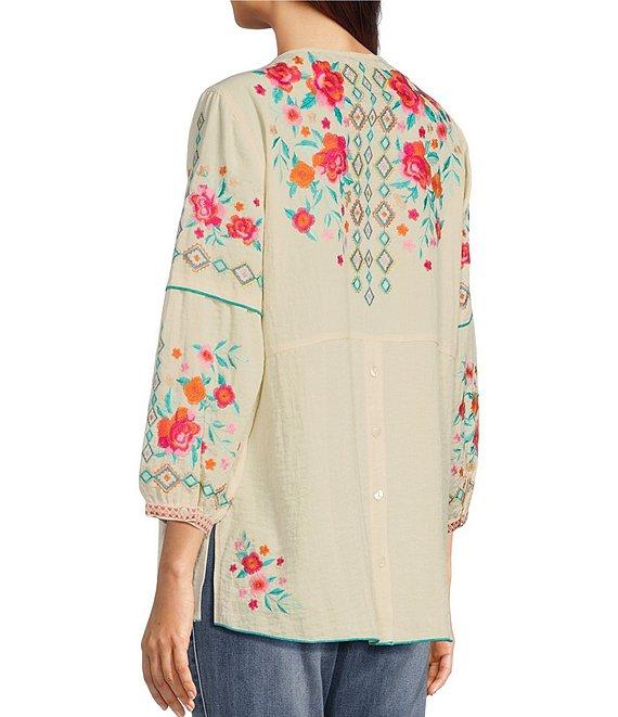 John Mark Floral Embroidered V-Neck 3/4 Cuffed Sleeve Woven Peasant Top Product Image