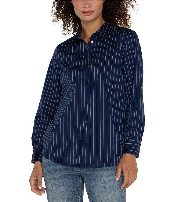 Liverpool Los Angeles Petite Size Pinstripe Cotton Poplin Collared Long Sleeve Button-Front Shirt Product Image