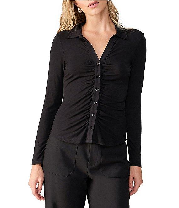 Sanctuary Dreamgirl Long Sleeve Point Collar Ruched Button Front Knit Top Product Image