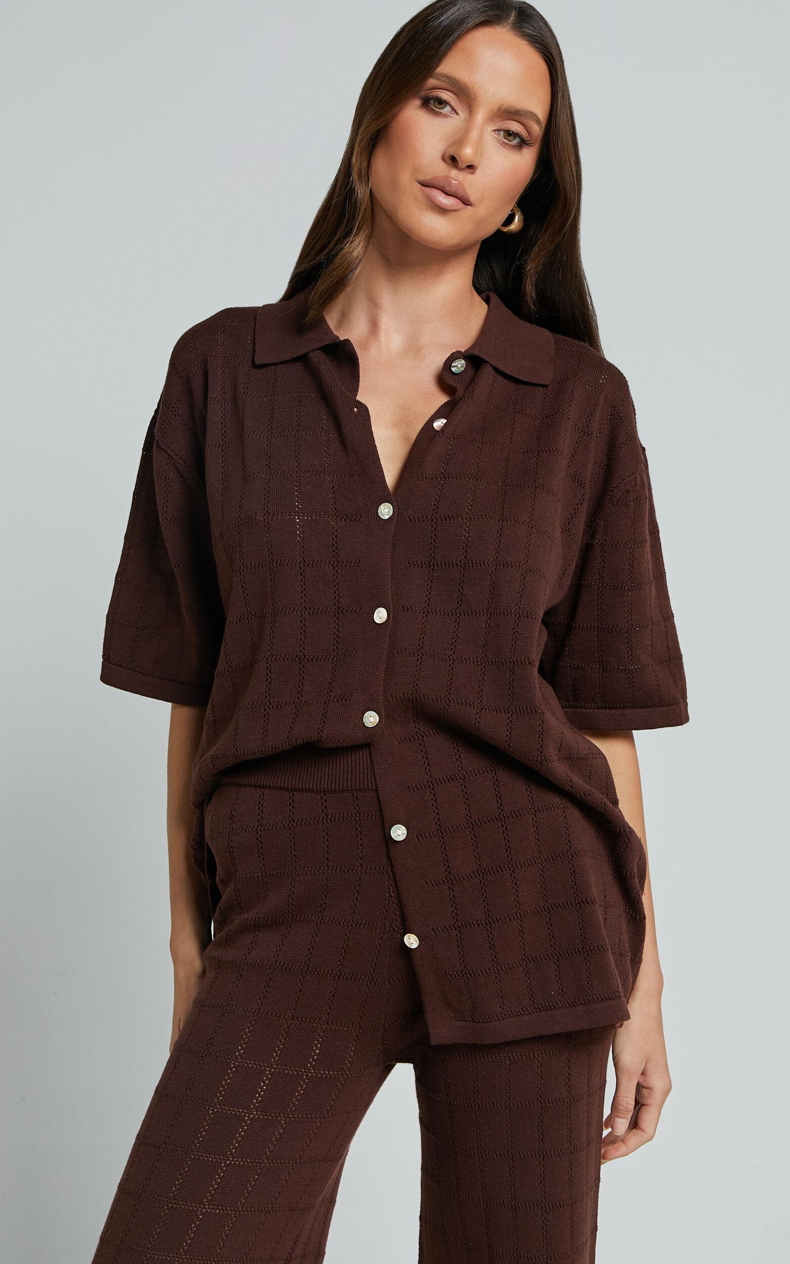 Tommy Two Piece Set - Knit Button Through Top and Pants Two Piece Set in Chocolate Product Image