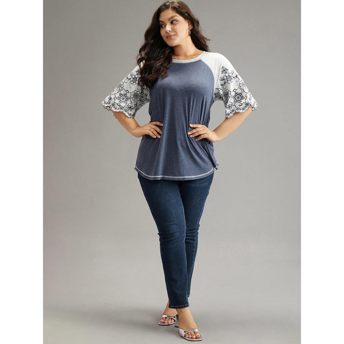 Plus Size Contrast Embroidered Scalloped Trim T-shirt Indigo Women Elegant Contrast Silhouette Floral Print Round Neck Dailywear T-shirts BloomChic 14-16/1X Product Image