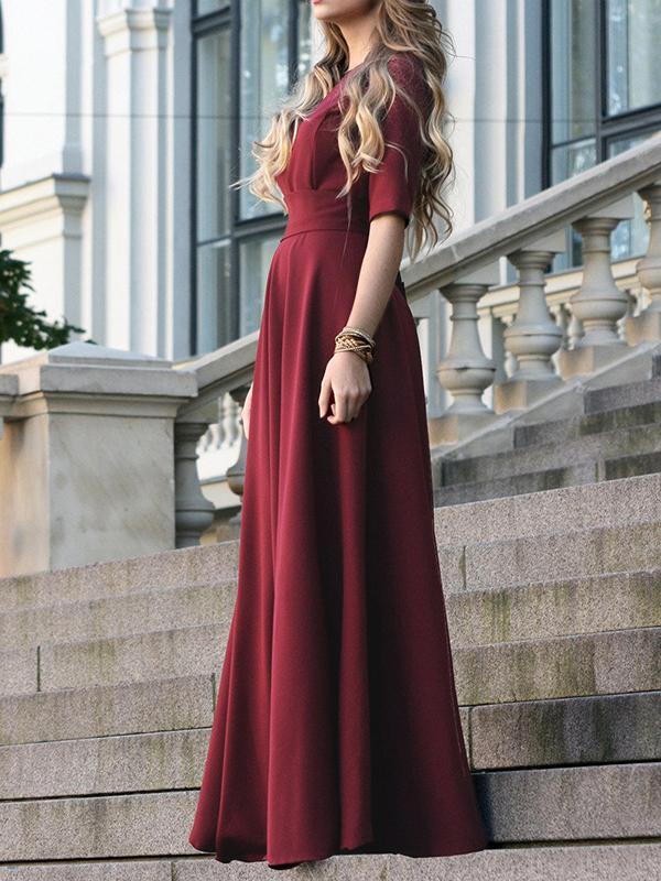 Half Sleeves High Waisted Solid Color Tied Waist V-Neck Maxi Dresses Product Image