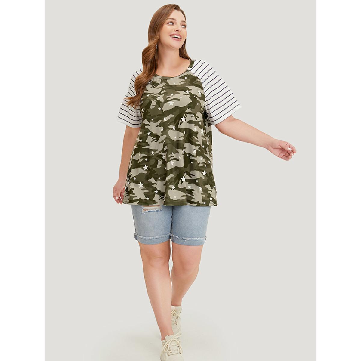 Plus Size Camo & Striped Print Raglan Sleeve T-shirt Multicolor Women Casual Contrast Camo Round Neck Dailywear T-shirts BloomChic 28/5X Product Image