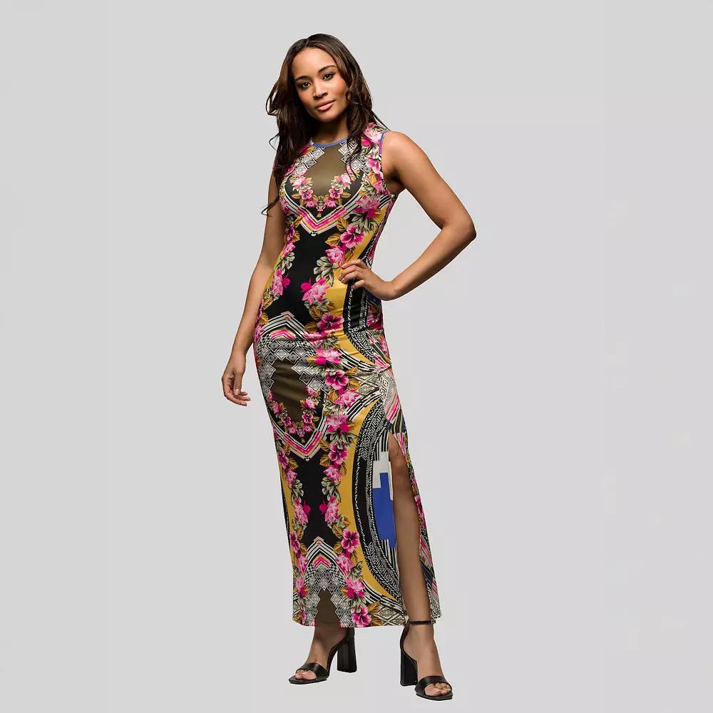 Women's 24Seven Comfort Apparel Geometric Floral Print Sleeveless Side Slit Maxi Dress,  Product Image