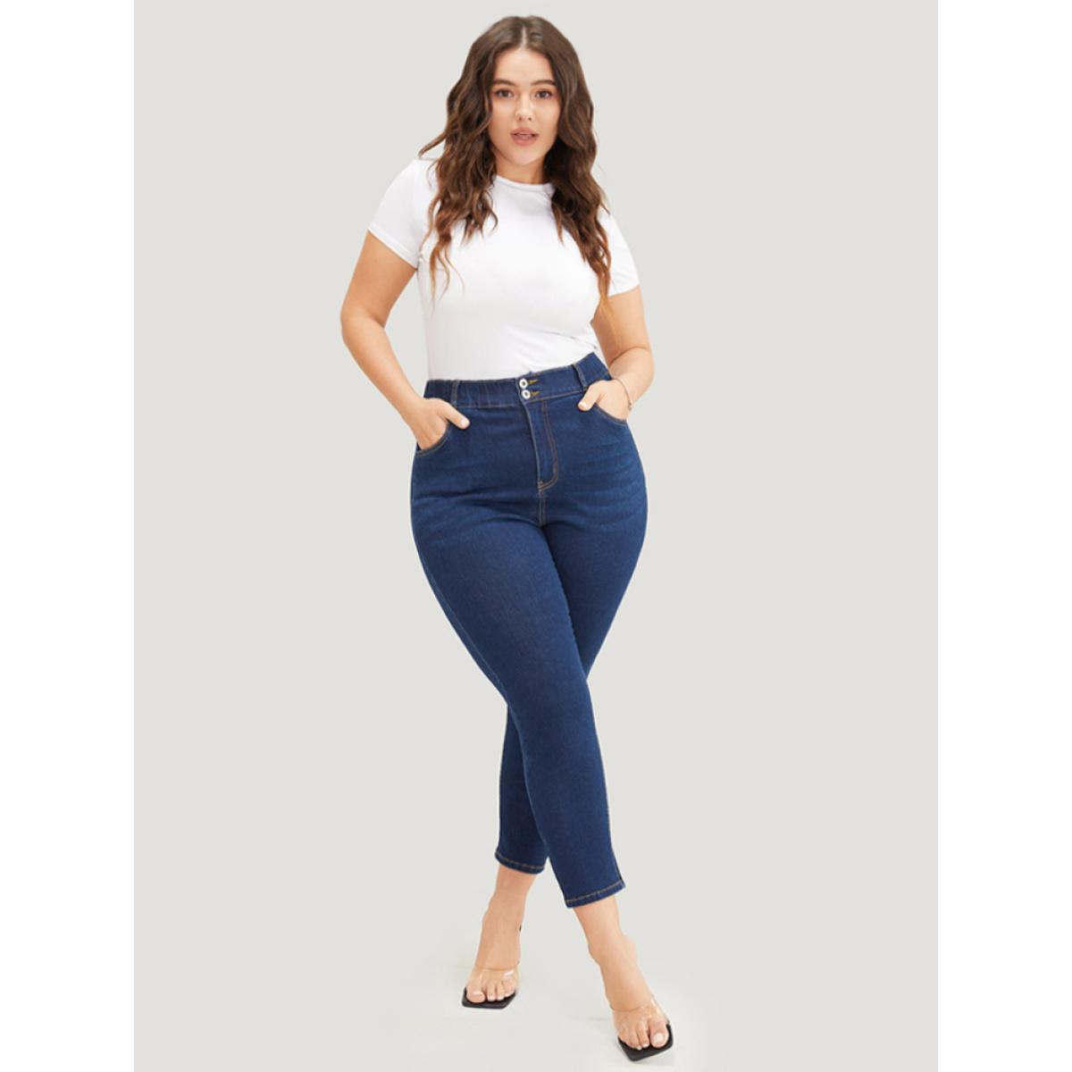 Plus Size Skinny Very Stretchy High Rise Dark Wash Elastic Waist Jeans Women DarkBlue Casual Plain High stretch Pocket Jeans BloomChic 30/6X Product Image