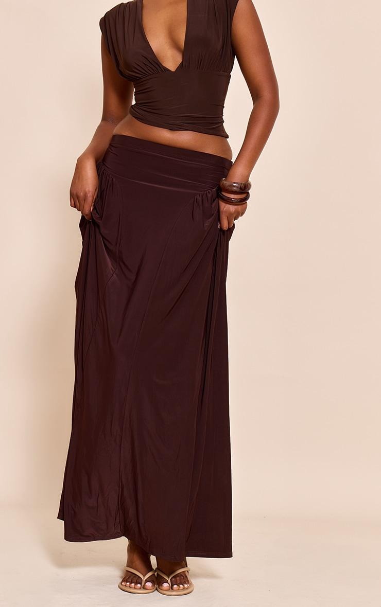 Chocolate Slinky Drop Waist Ruched Panel Maxi Skirt Product Image