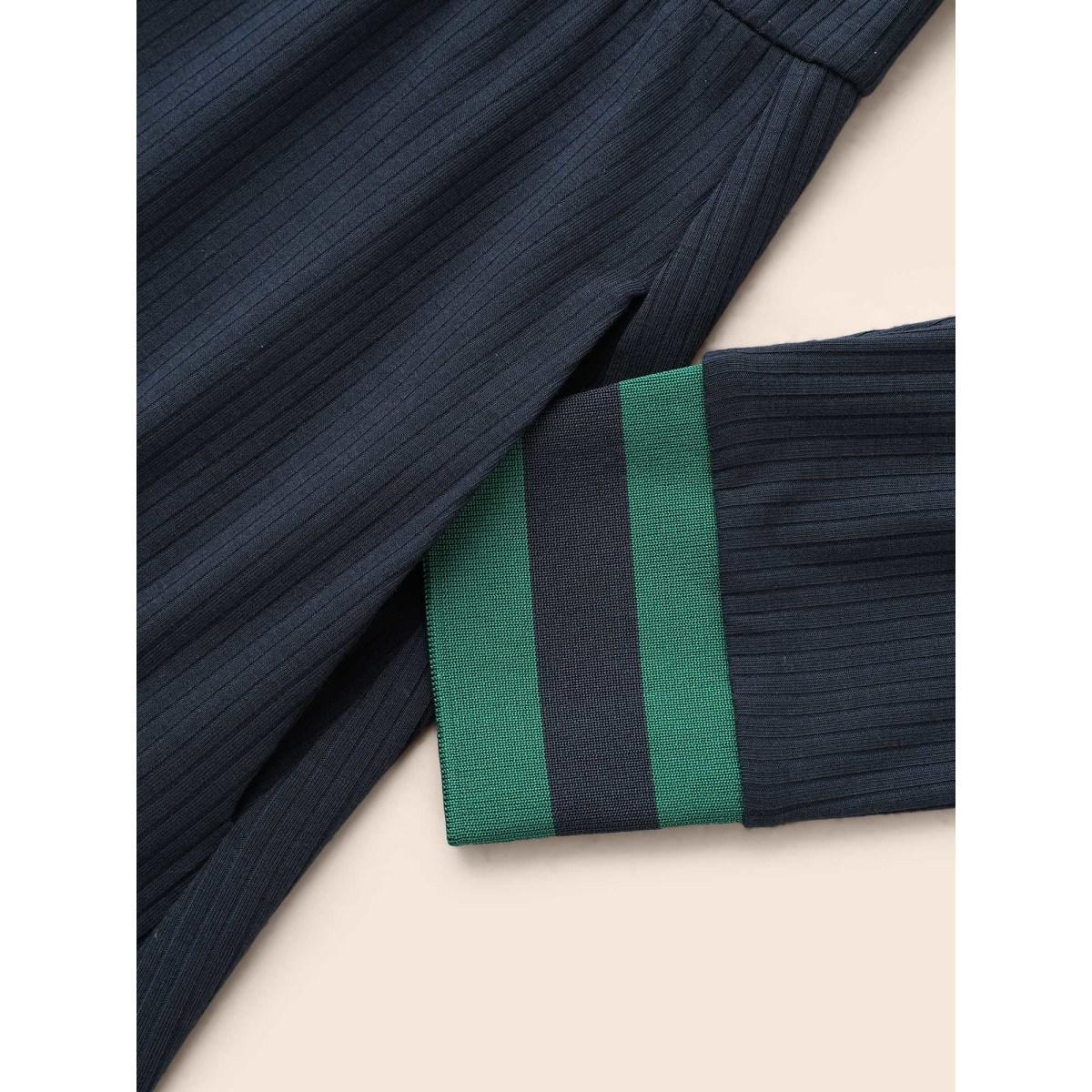 Plus Size Contrast Trim Elastic Waist Pocket Dress Midnight Women Leisure Texture V-neck Long Sleeve Curvy BloomChic 10/M Product Image