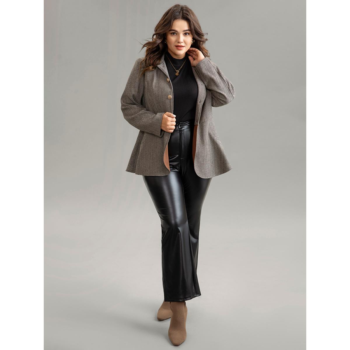 Plus Size Lapel Collar Buckle Detail Woven Jacket Women DarkBrown Lined Pocket Work Jackets BloomChic 28/5X Product Image